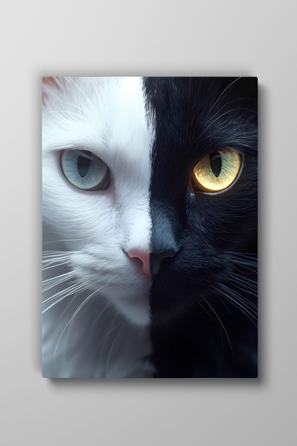 Evlika Kedi Siyah-Beyaz Hayvan Temalı Dekoratif Kanvas Tablo, Duvar Dekoru H0024