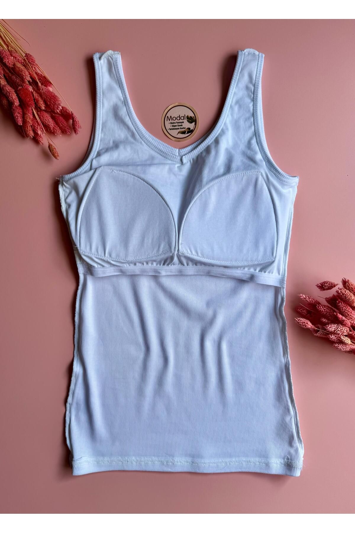 Elosia Modal Kumaş | V Yaka Beyaz Renk Pedli Ribana Kadın T-shirt-Atlet