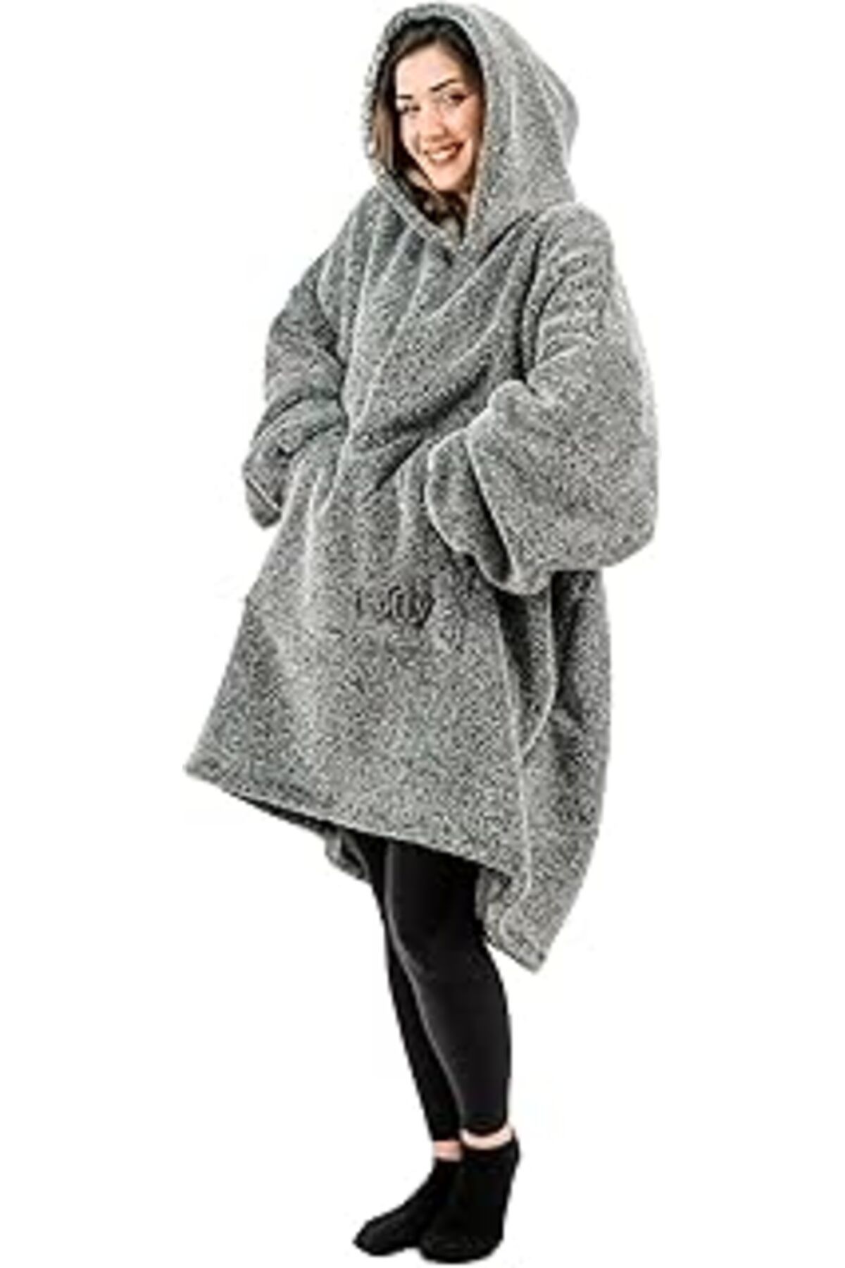 Mu Art Ahşap Poffy Oversize Giyilebilir Battaniye Tek Beden Çok Rahat Unisex Hoodie Peluş Kapüşonlu Sweatshirt