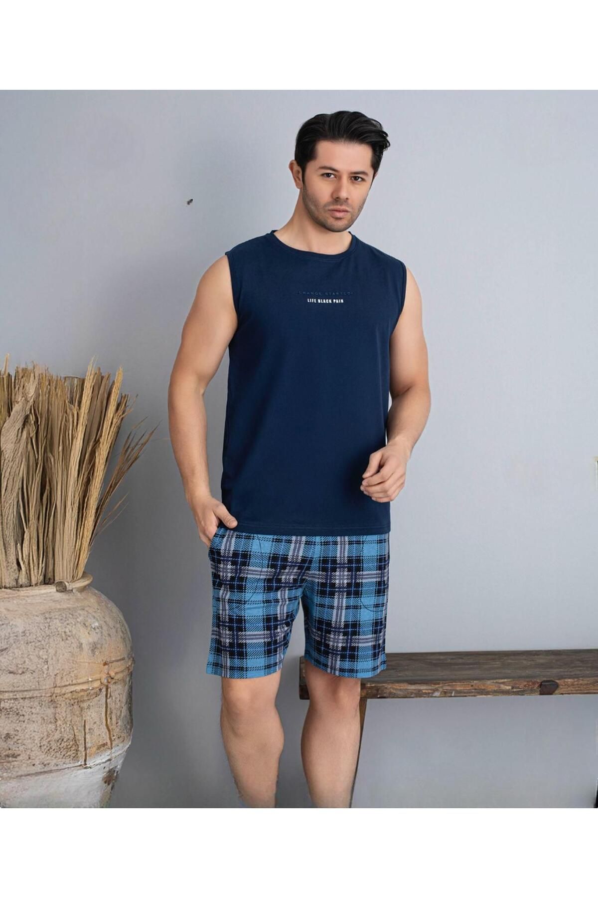 Pijamoni Erkek Bisiklet Yaka Kolsuz Şortlu Pijama Takımı 6185/2 - 1 Adet