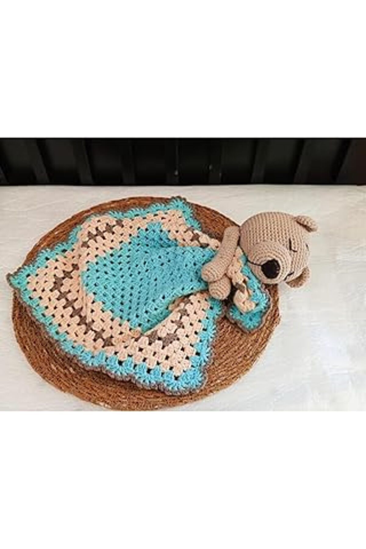 Mu Art Ahşap Sevimli Ayıcık Battaniyeli Uyku Arkadaşı El Örgüsü 37Cm