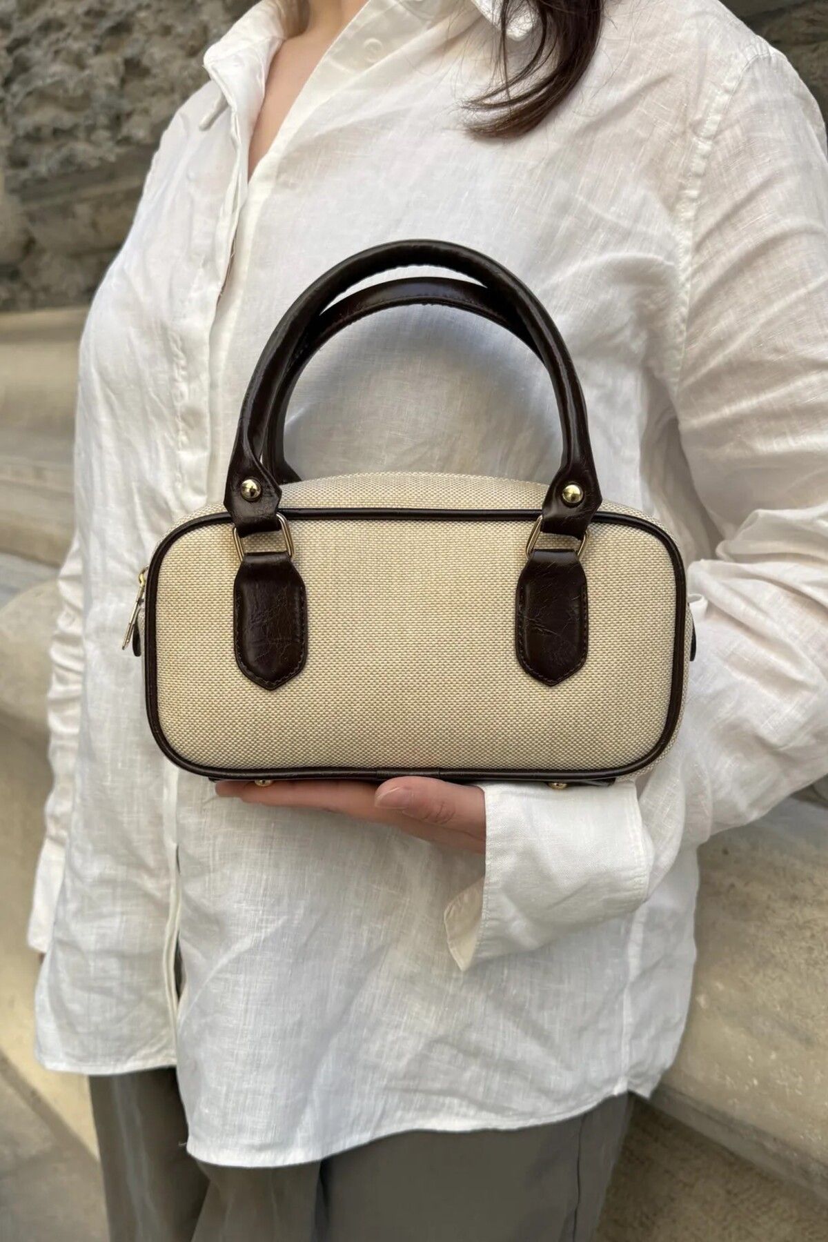 EBROU Bonnie Model Charm Hediyeli Kanvas El Ve Omuz Çantası Acı Kahve