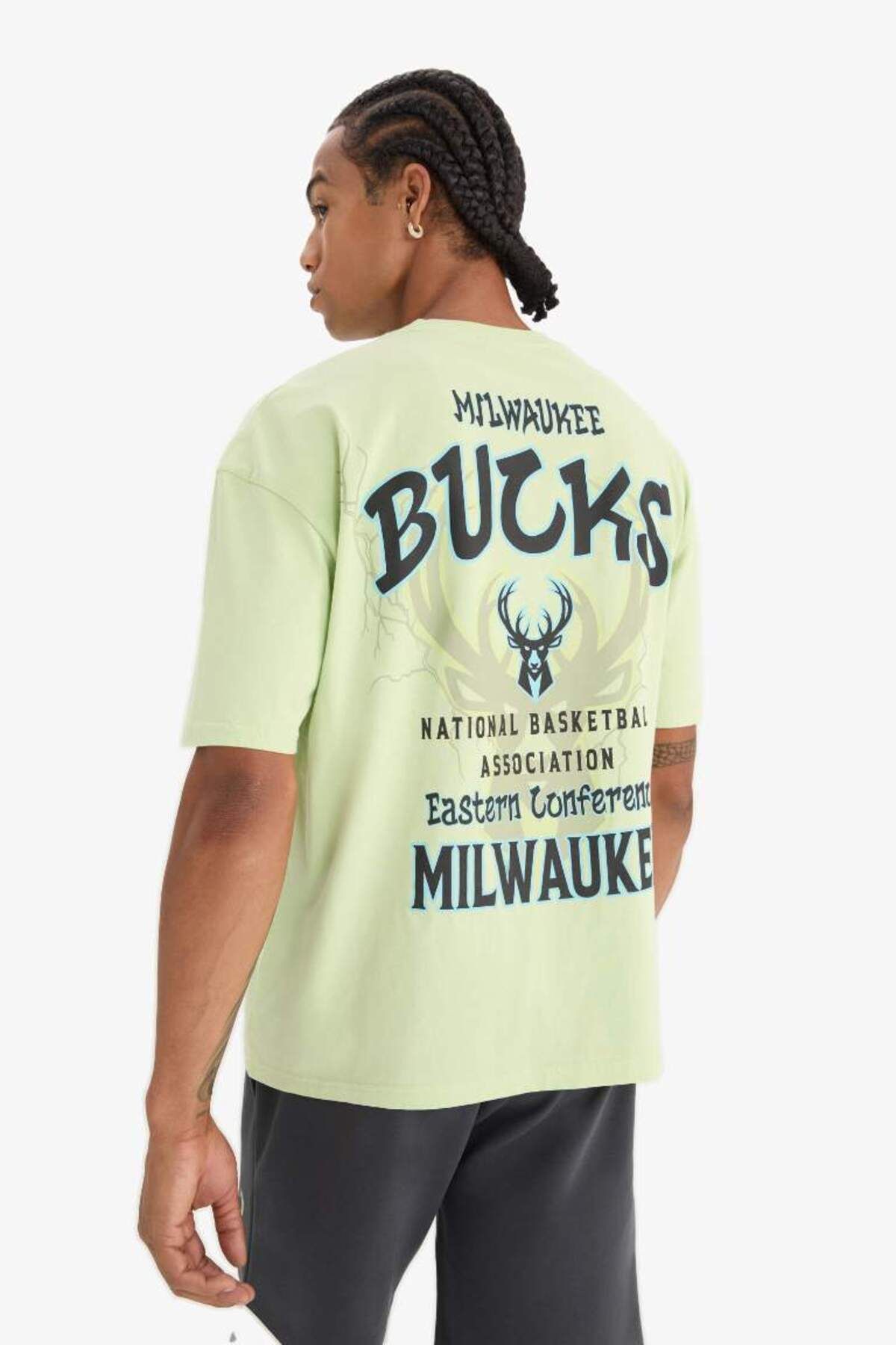 DeFacto Yeni Sezon DeFactoFit NBA Milwaukee Bucks Oversize Geniş Kalıp Bisiklet Yaka Sırt