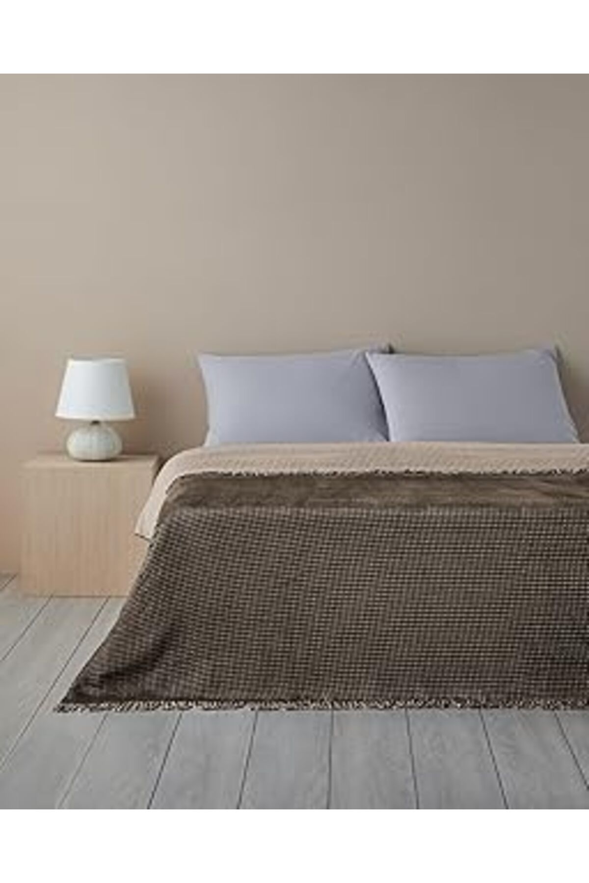 Mu Art Ahşap English Home Plain Waffle Pamuklu Çift Kişilik Battaniye Antrasit - Bej