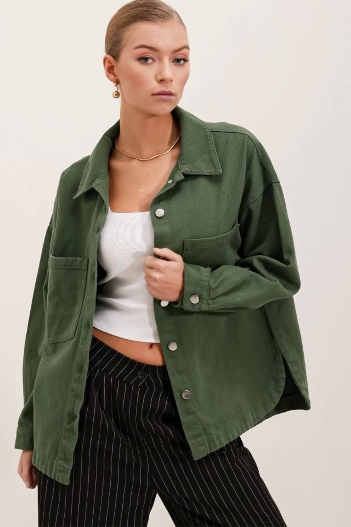 Silerra 20192 Oversize Gabardin Gömlek Ceket - Haki