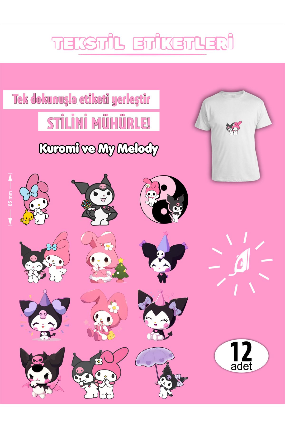 AGG Reklam Ütü Ile Yapışan Kıyafet Etiketi Kuromi ve My Melody 12li Set