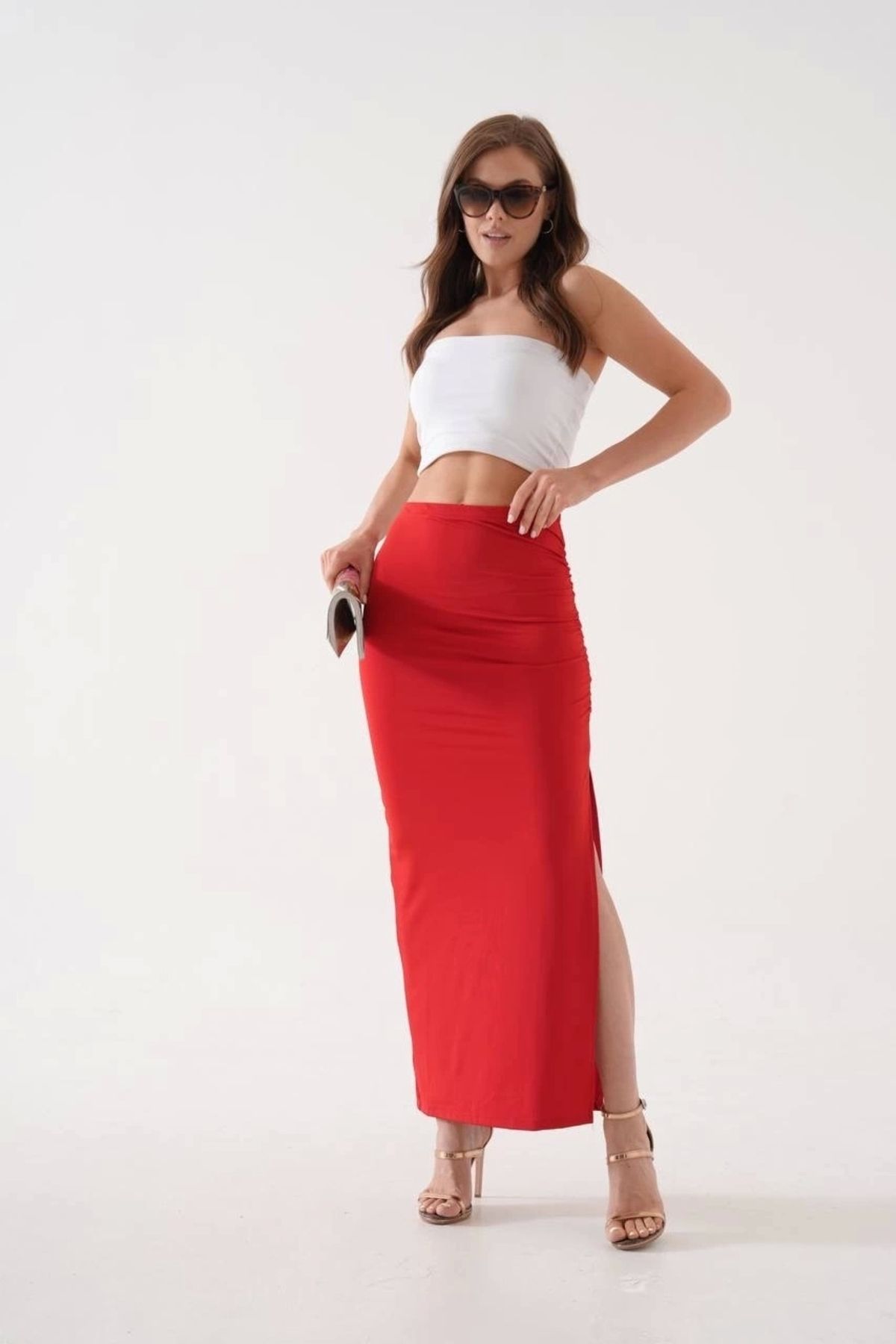 ufukmoda Uzun yırtmaçlı ince kumaş etek kırmızı