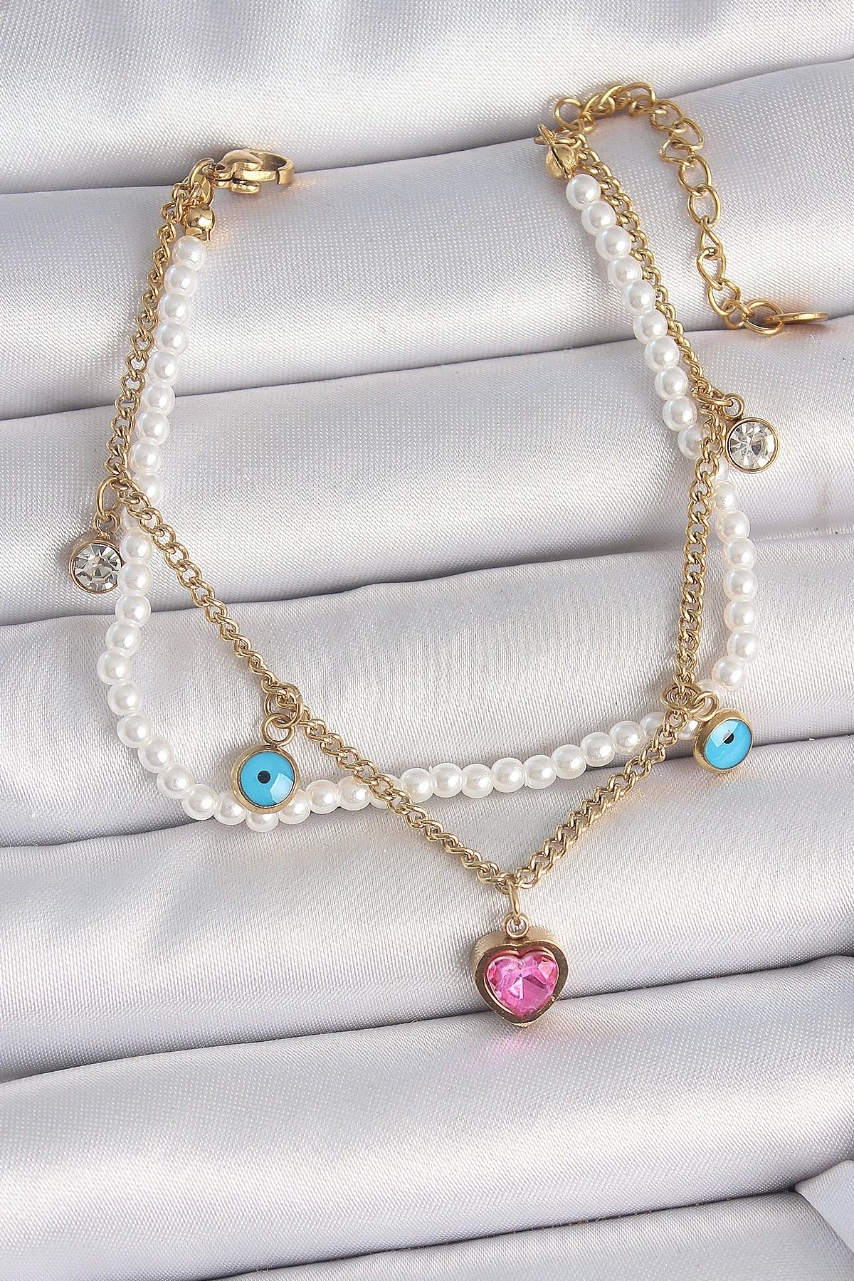 OurStyles 316L Çelik Gold Renk 2'Li İncili Zincir Sallantı Pembe Kalp Model Nazar Boncuk Detay Kadın Bileklik