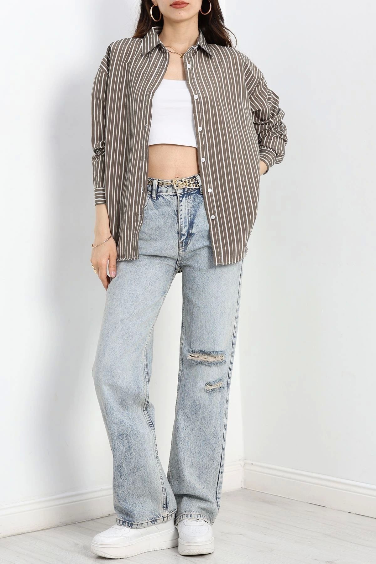 OurStyles Çizgili Kupra Gömlek Haki - 80019.147.