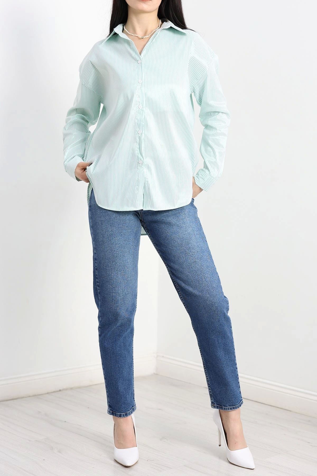 OurStyles Çizgili Terikoton Gömlek Beyazyeşil - 80018.147.
