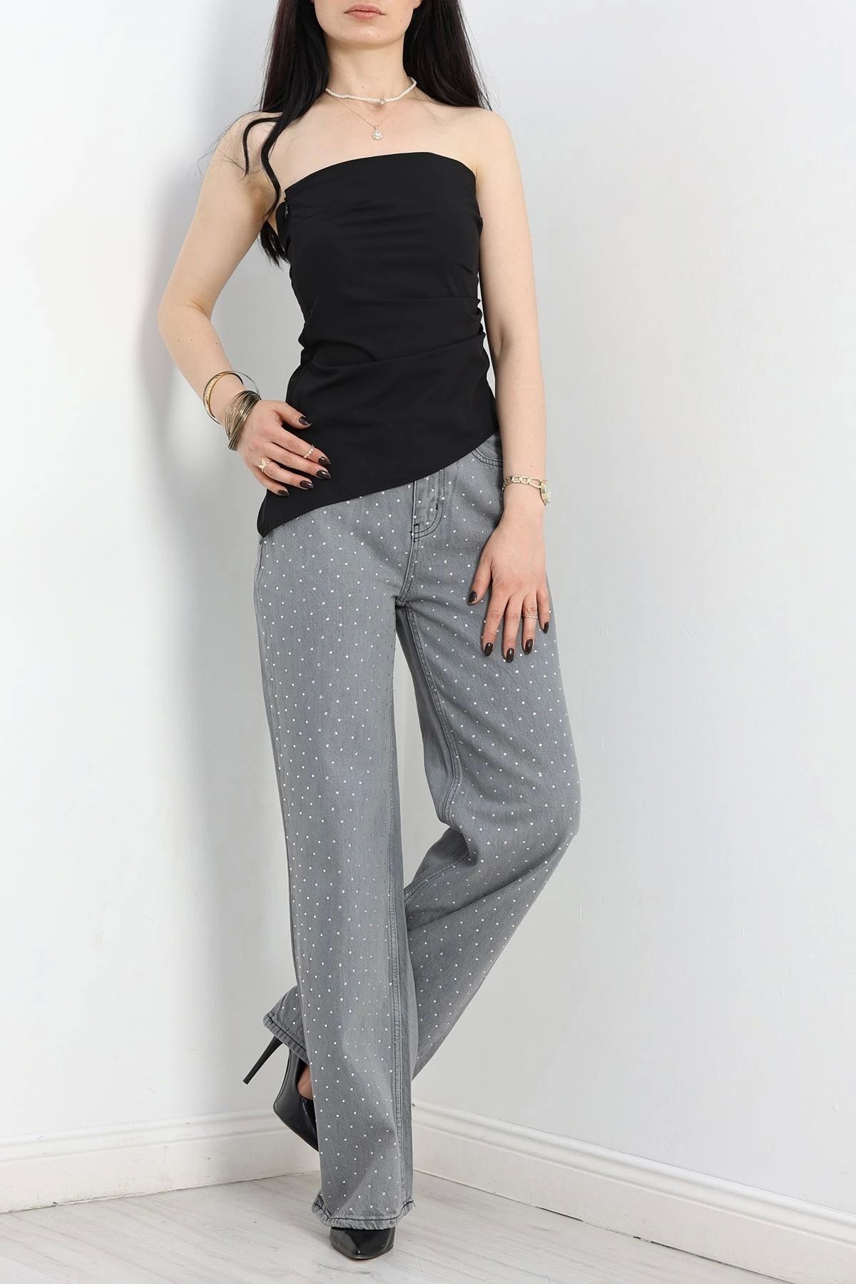 OurStyles Taşlı Palazzo Kot Pantolon Gri - 30824.1904.