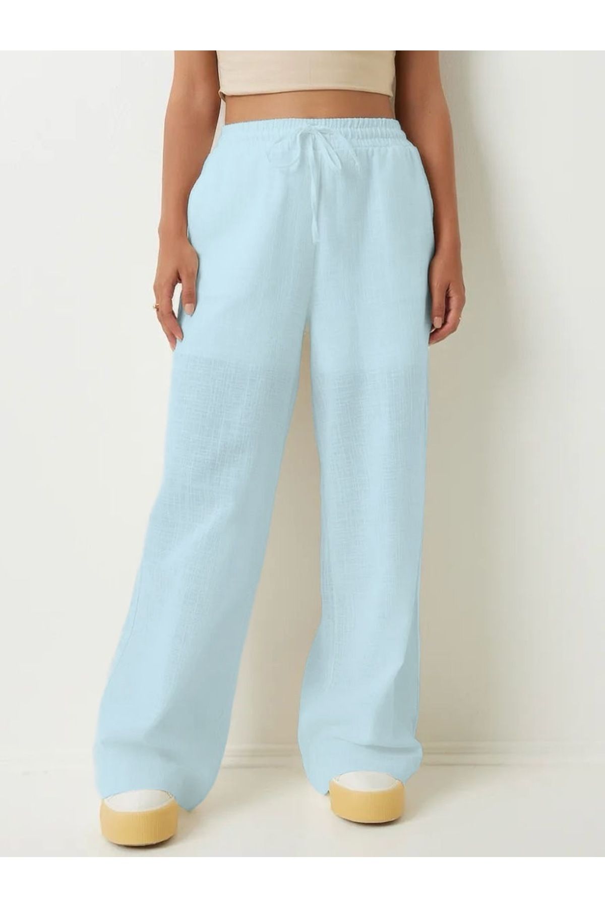 youlike butik Bol Kesim Geniş Paça Yarım Astarlı Keten Pantolon Mavi