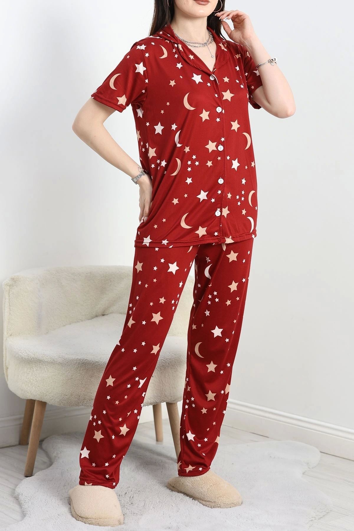 OurStyles Milan Kumaş Düğmeli Pijama Takımı Bordoay - 50145.1857.