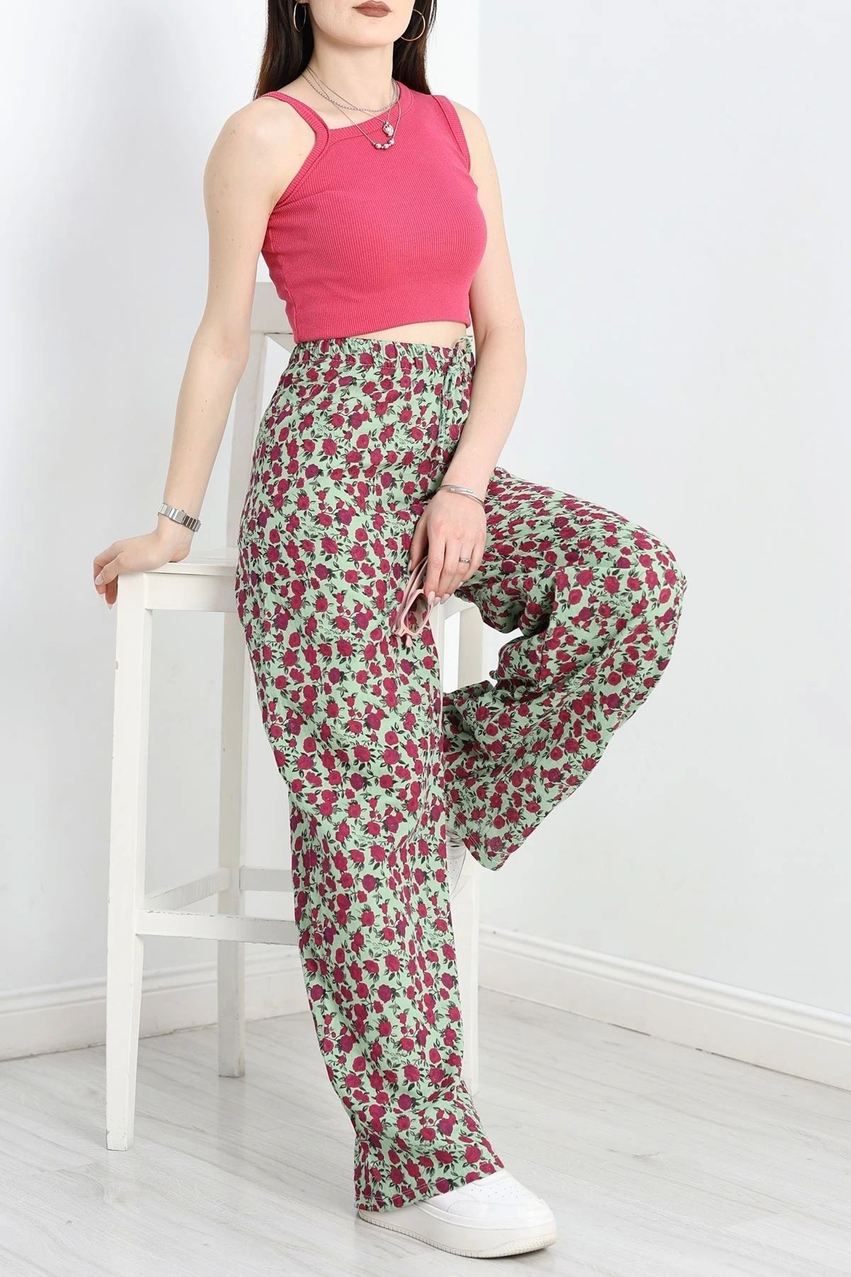 OurStyles Desenli Keten Pantolon Fuşyayeşil - 40997.701.