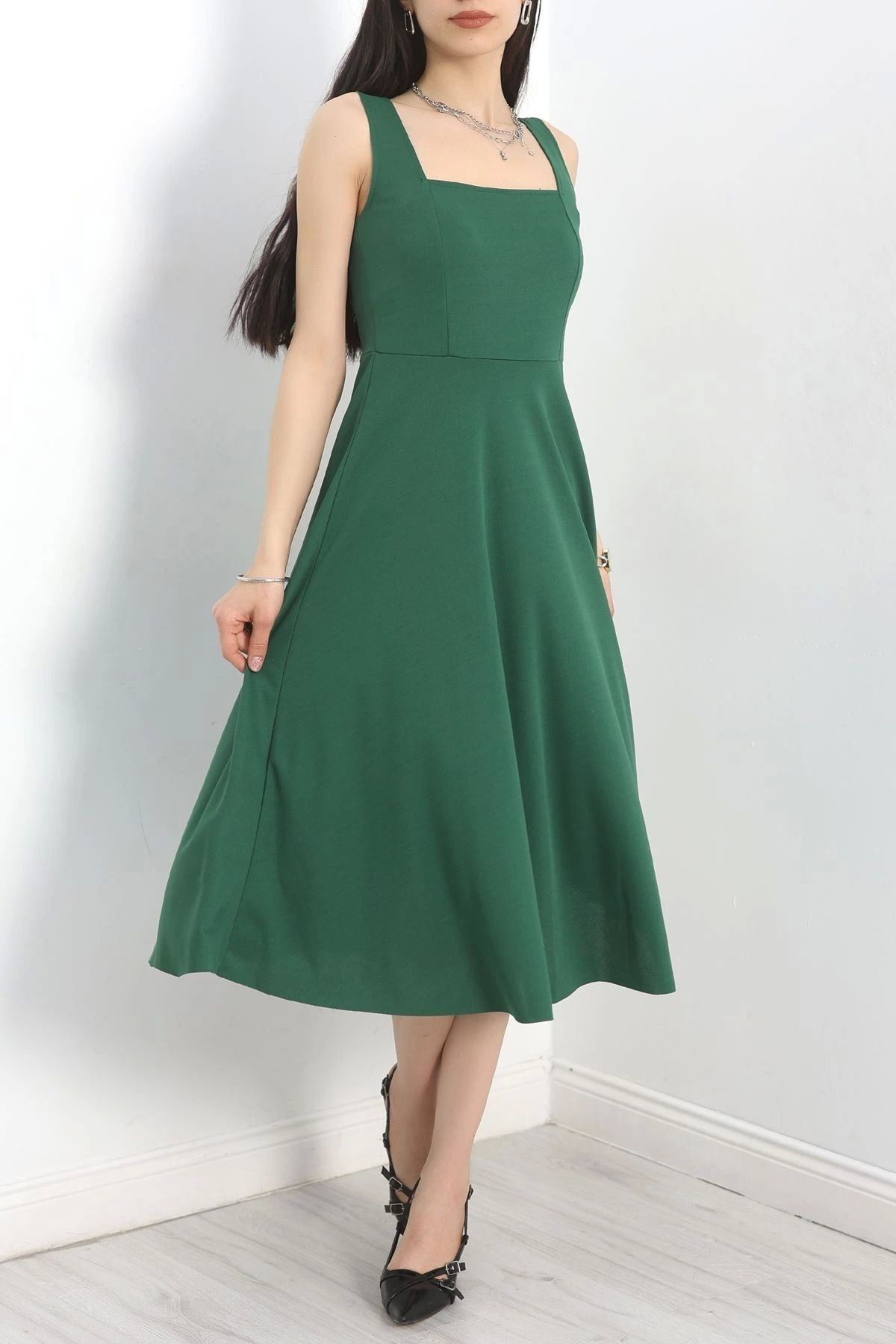 OurStyles Kare Yaka Midi Elbise Yeşil - 583208.1592.