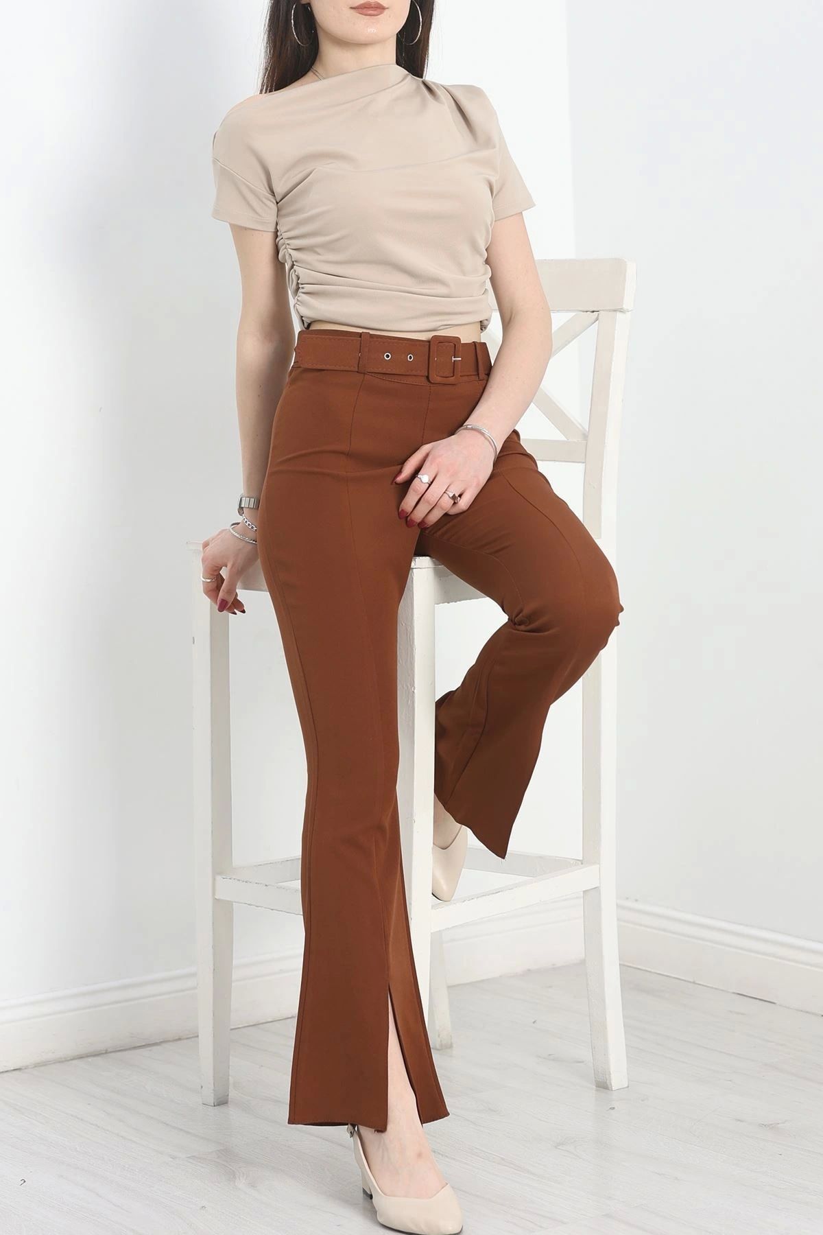 OurStyles Kemerli İspanyol Paça Pantolon Kahve - 30373.1397.