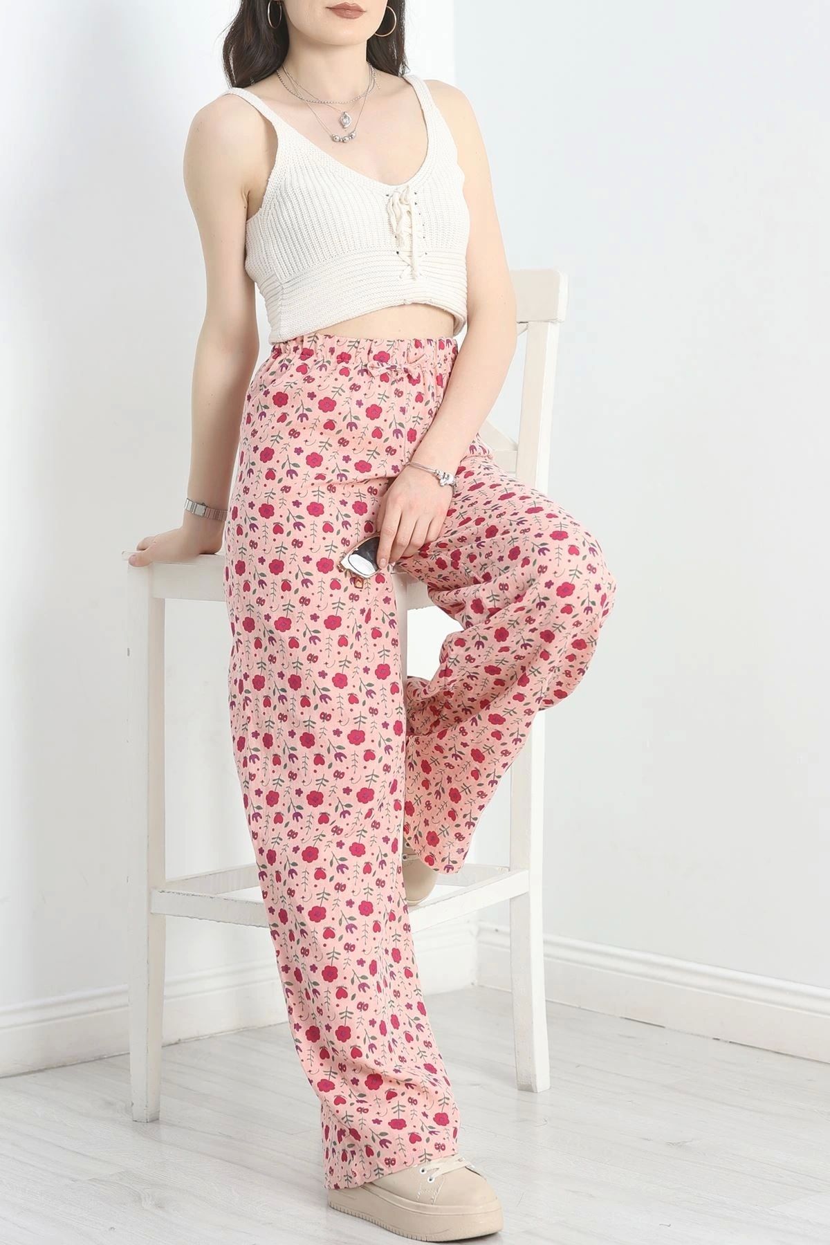 OurStyles Desenli Keten Pantolon Fuşyasomon - 40997.701.