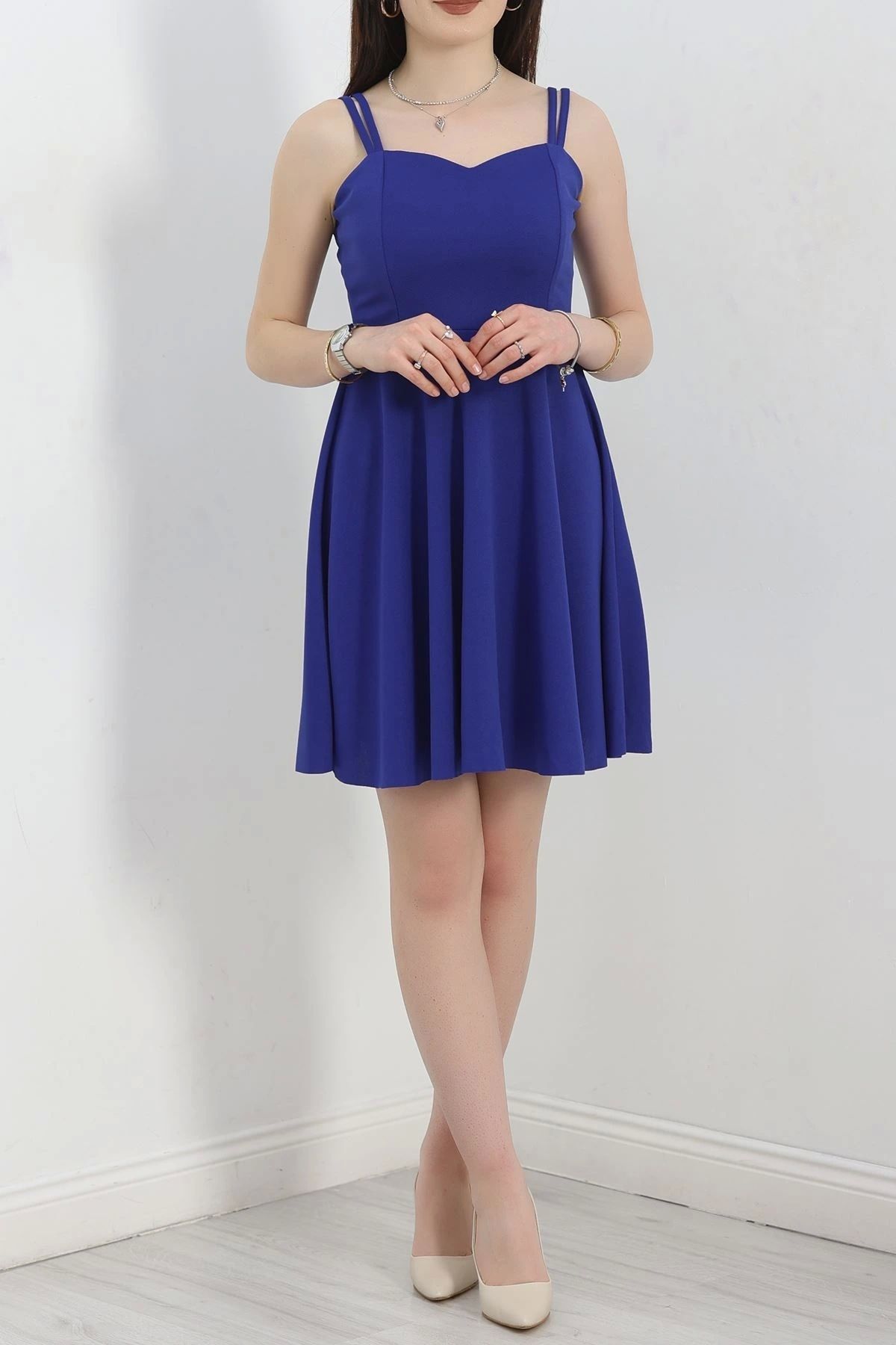 OurStyles İnce Askılı Kloş Mini Elbise Saks - 582130.1592.