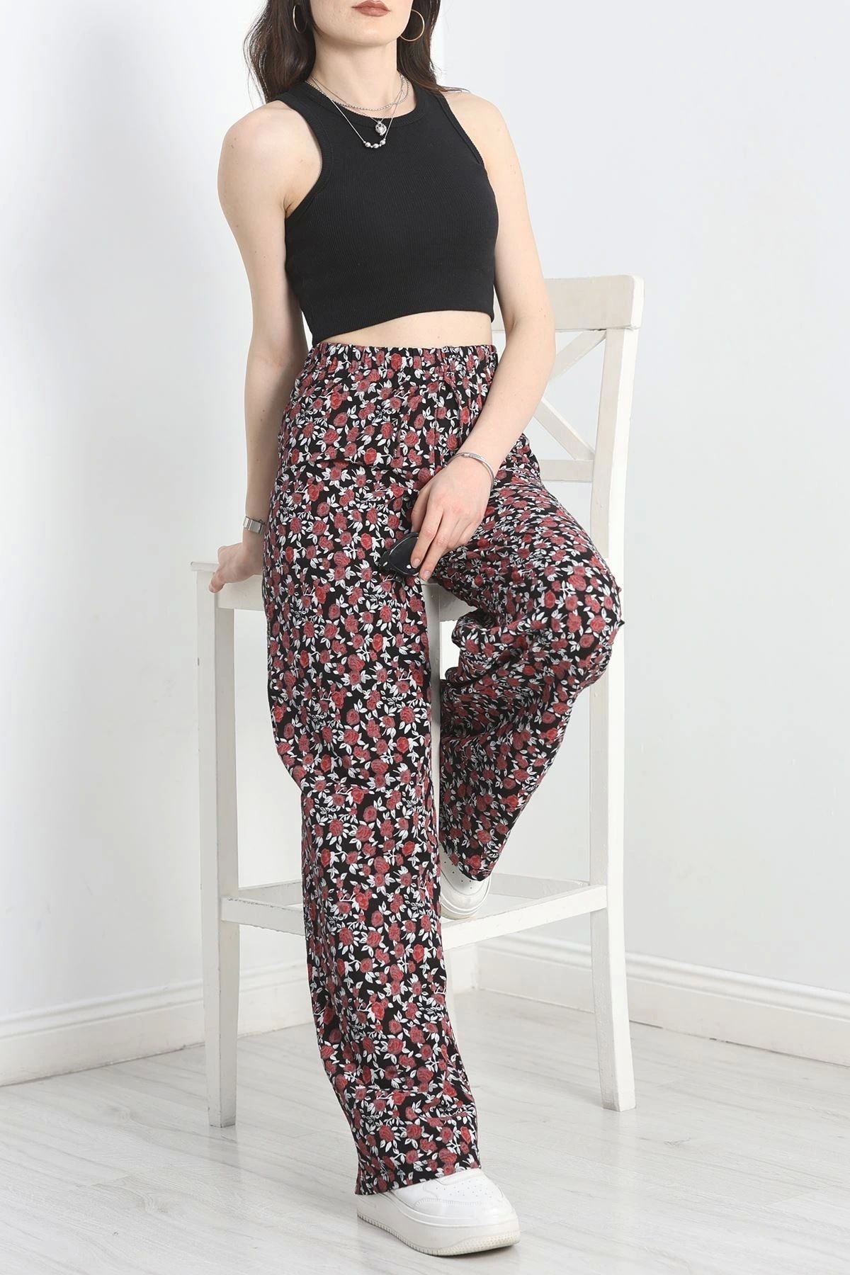 OurStyles Desenli Keten Pantolon Siyahkırmızı - 40997.701.