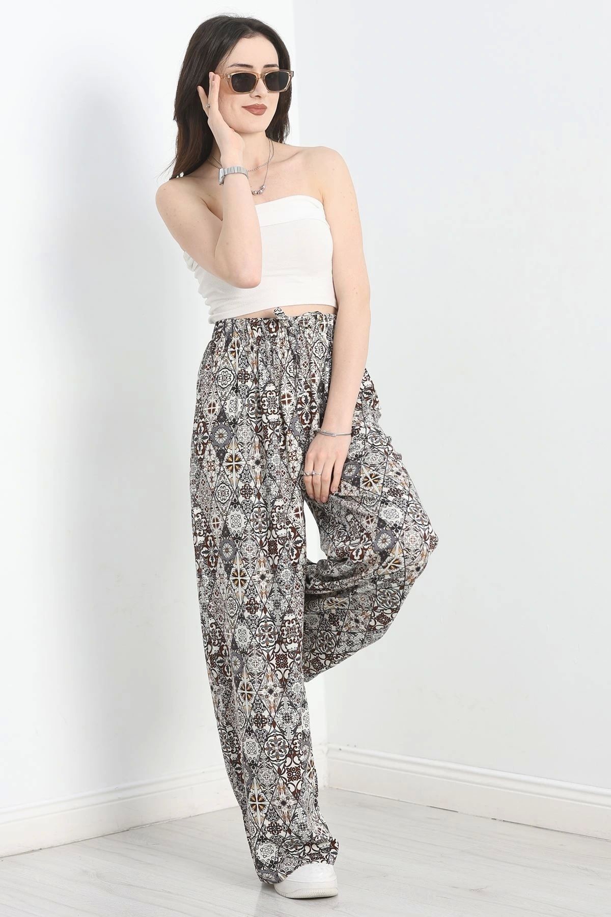 OurStyles Desenli Viskon Pantolon Beyazkahve - 40988.701.