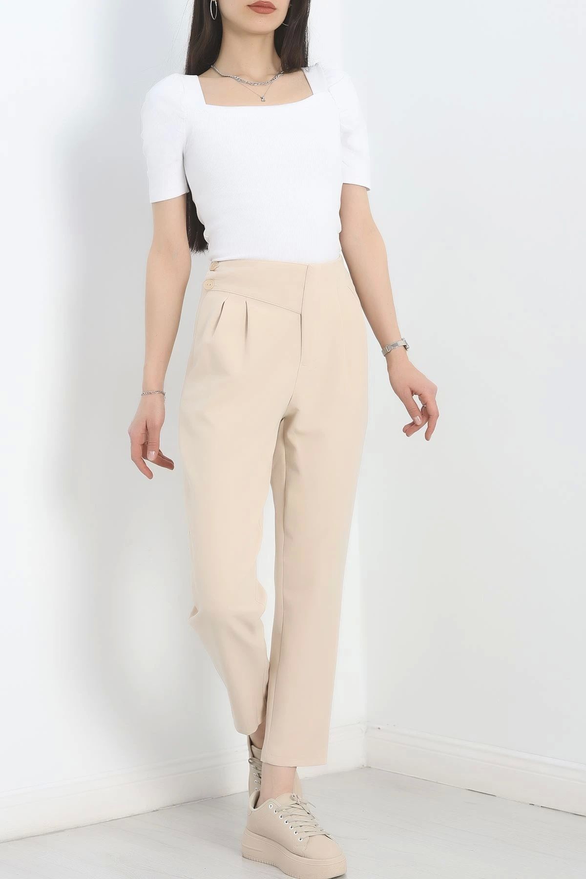 OurStyles Dabıl Kumaş Yandan Düğmeli Pantolon Bej - 6003.1247.