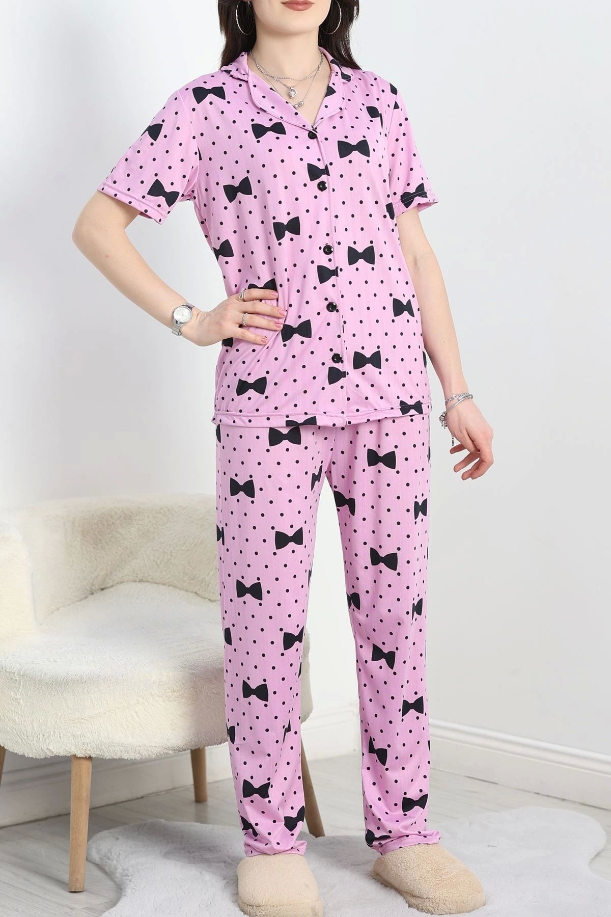 OurStyles Milan Kumaş Düğmeli Pijama Takımı Lilasiyah - 50145.1857.
