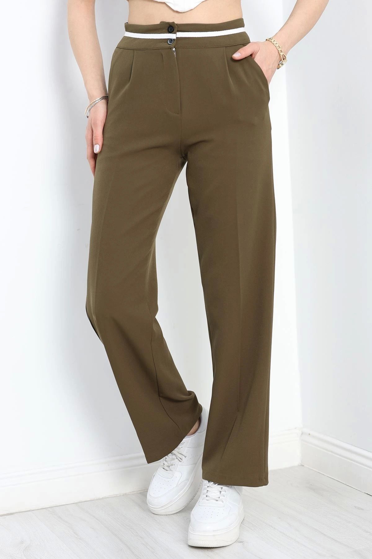 OurStyles Tek Pile Ekstraforlu Palazzo Pantolon Haki - 50054.1920.