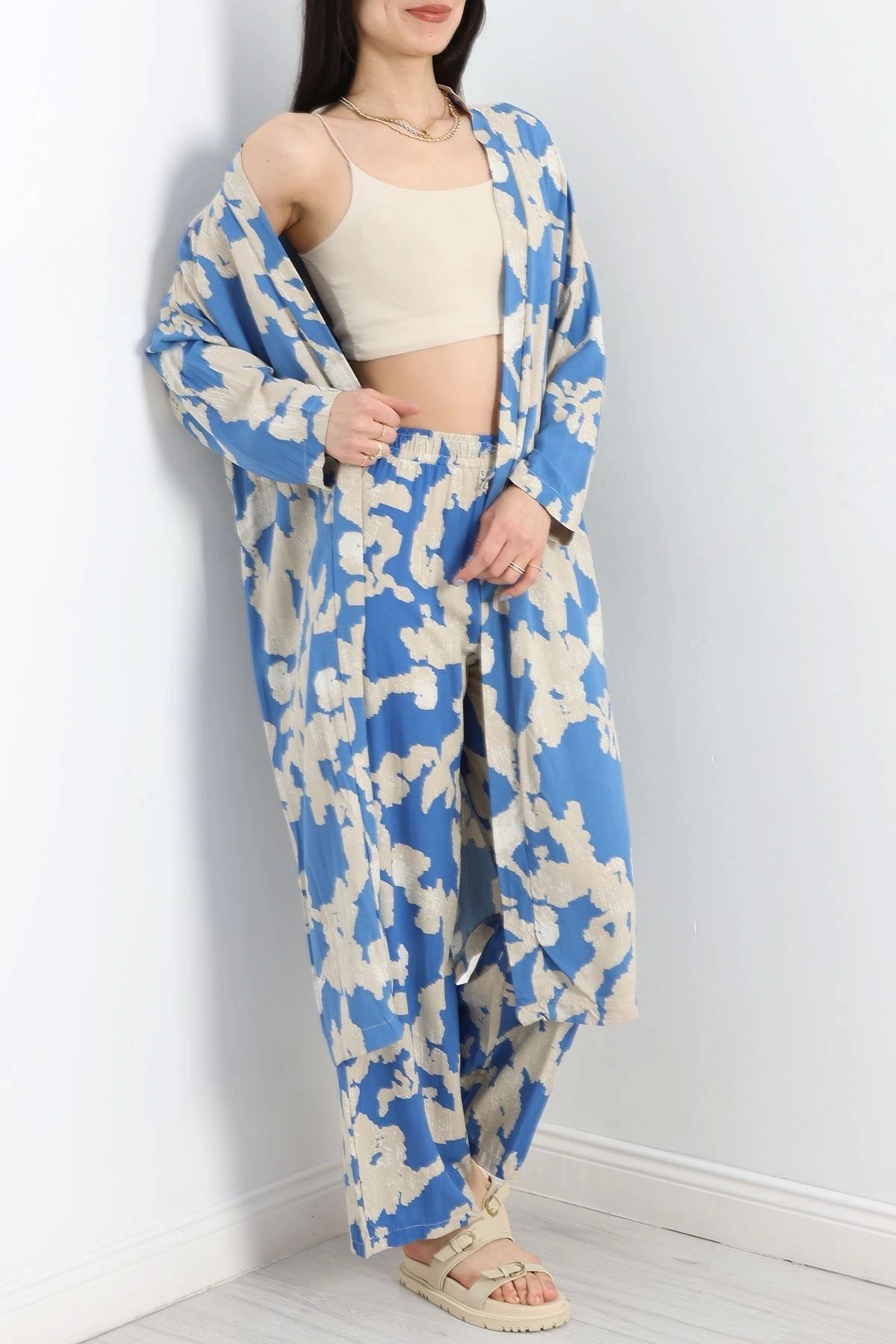 OurStyles Desenli Kimono Takım Mavibej - 19767.1247.