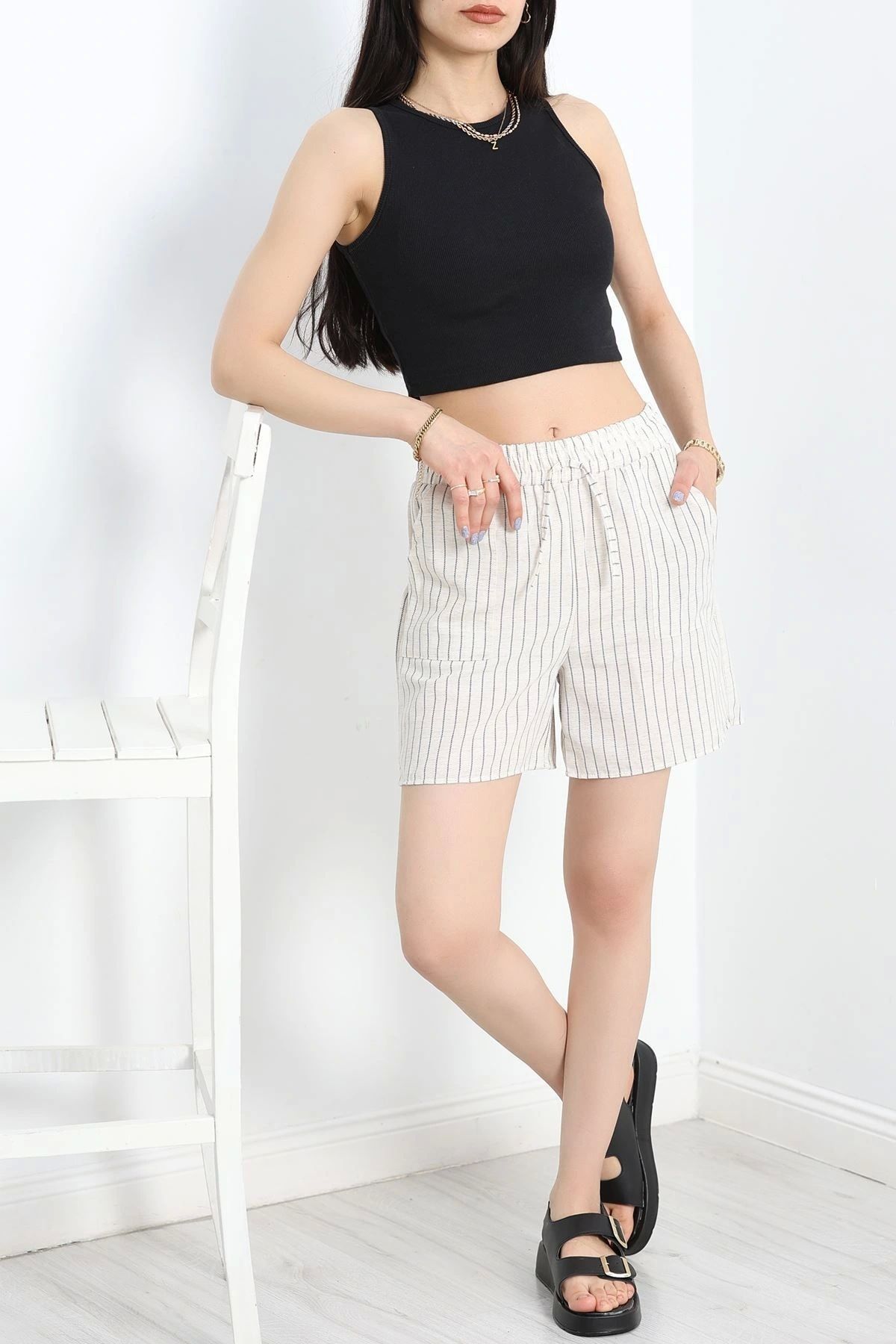 OurStyles Keten Çizgili Şort Bejsiyah