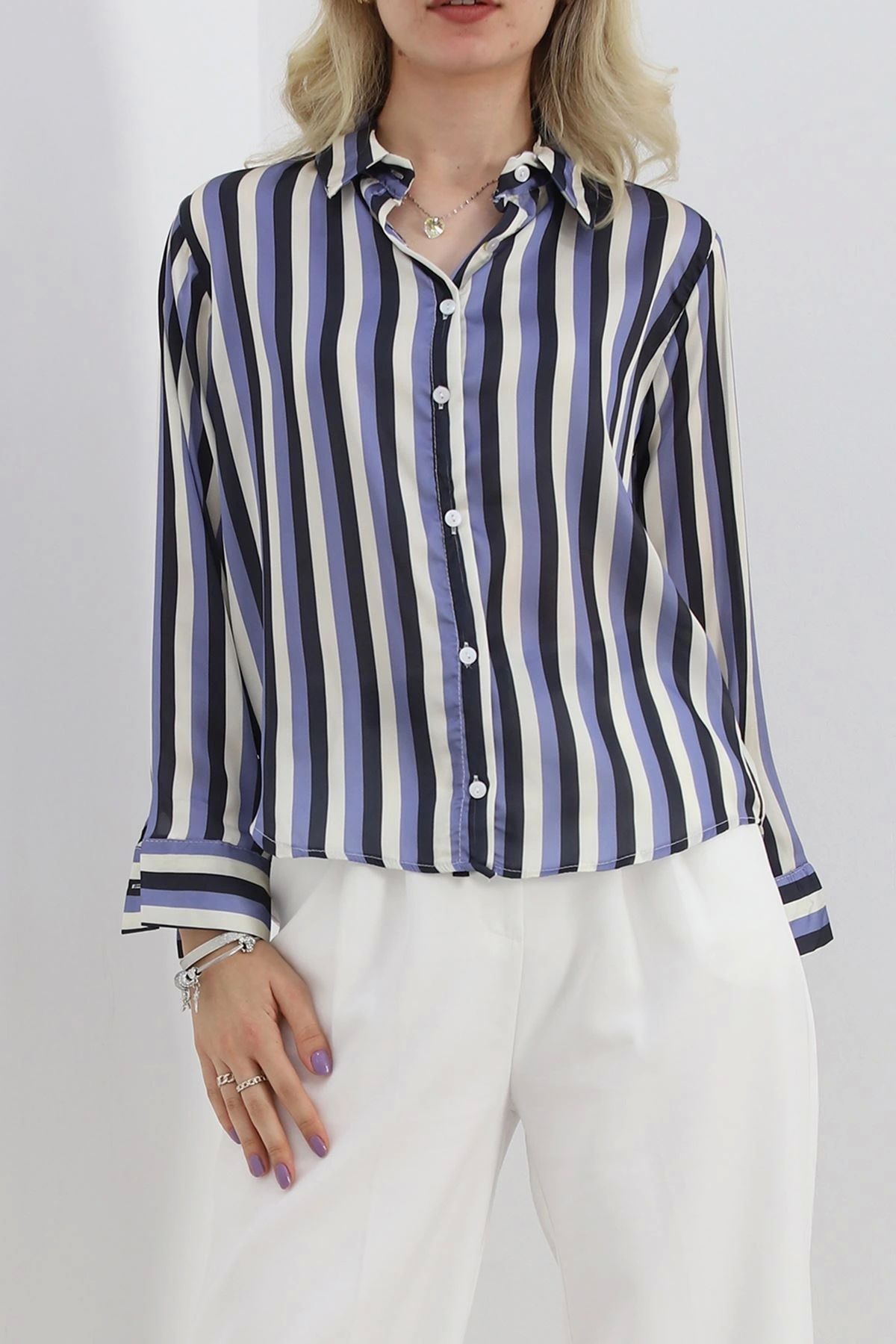 OurStyles Çizgili Saten Gömlek Morbej - 909.1247.