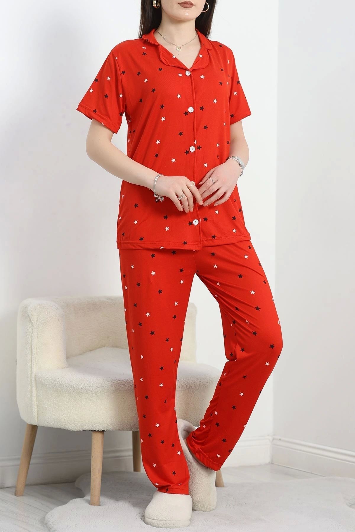 OurStyles Milan Kumaş Düğmeli Pijama Takımı Kırmızıyıldız - 50145.1857.