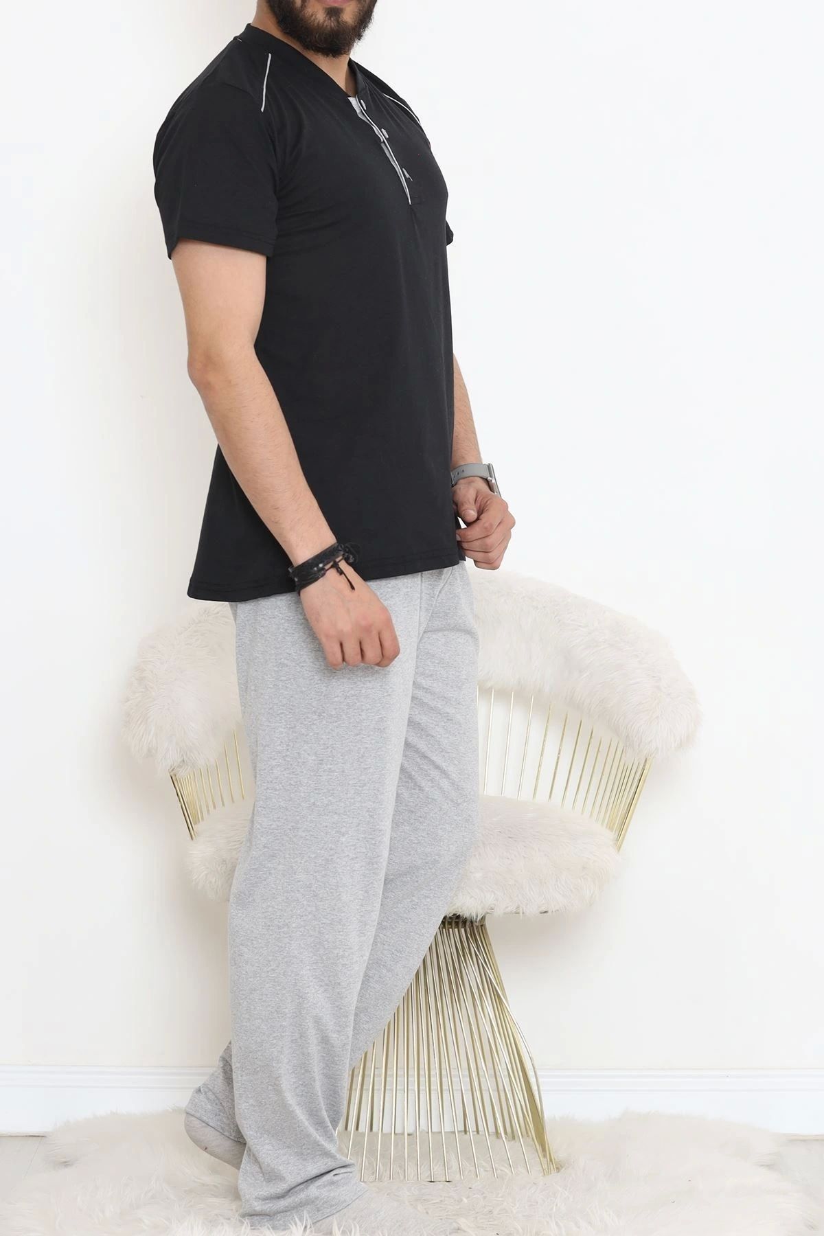 OurStyles Düğmeli Erkek Pijama Takımı Siyahgri - 17370.1048.