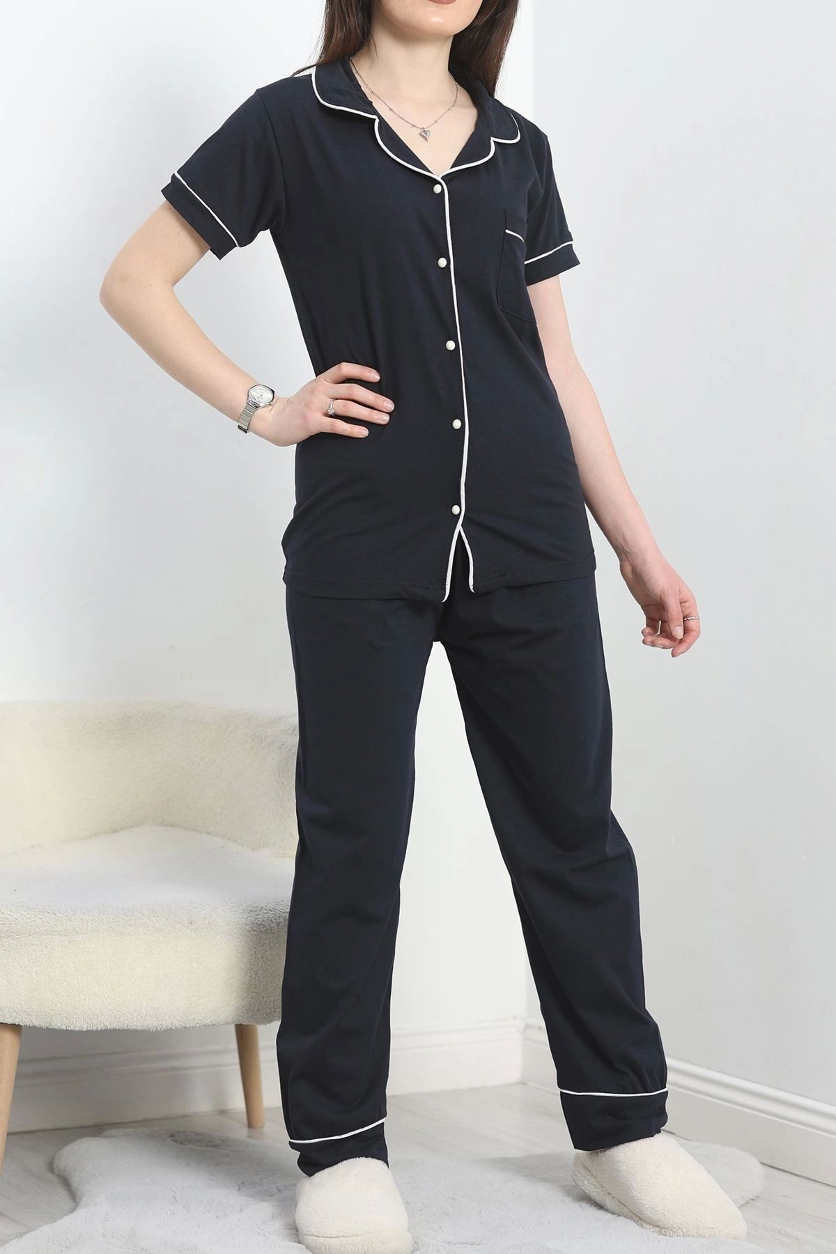 OurStyles Süprem Düğmeli Pijama Takımı Koyulaci - 30320.1048.