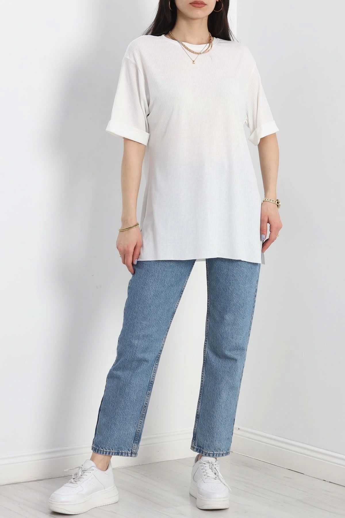 OurStyles Yan Yırtmaçlı Duble Kol Tişört Kırıkbeyaz - 18888.1247.