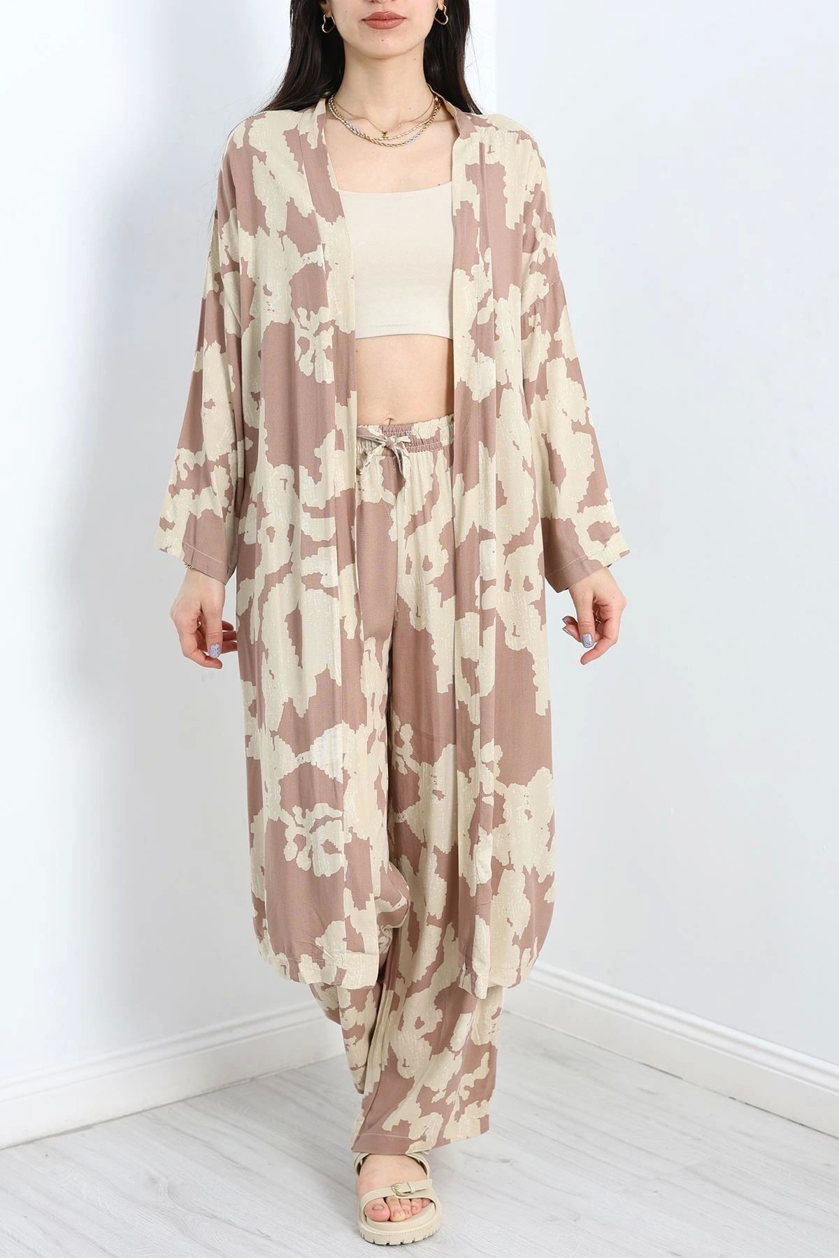 OurStyles Desenli Kimono Takım Kahvebej - 19767.1247.