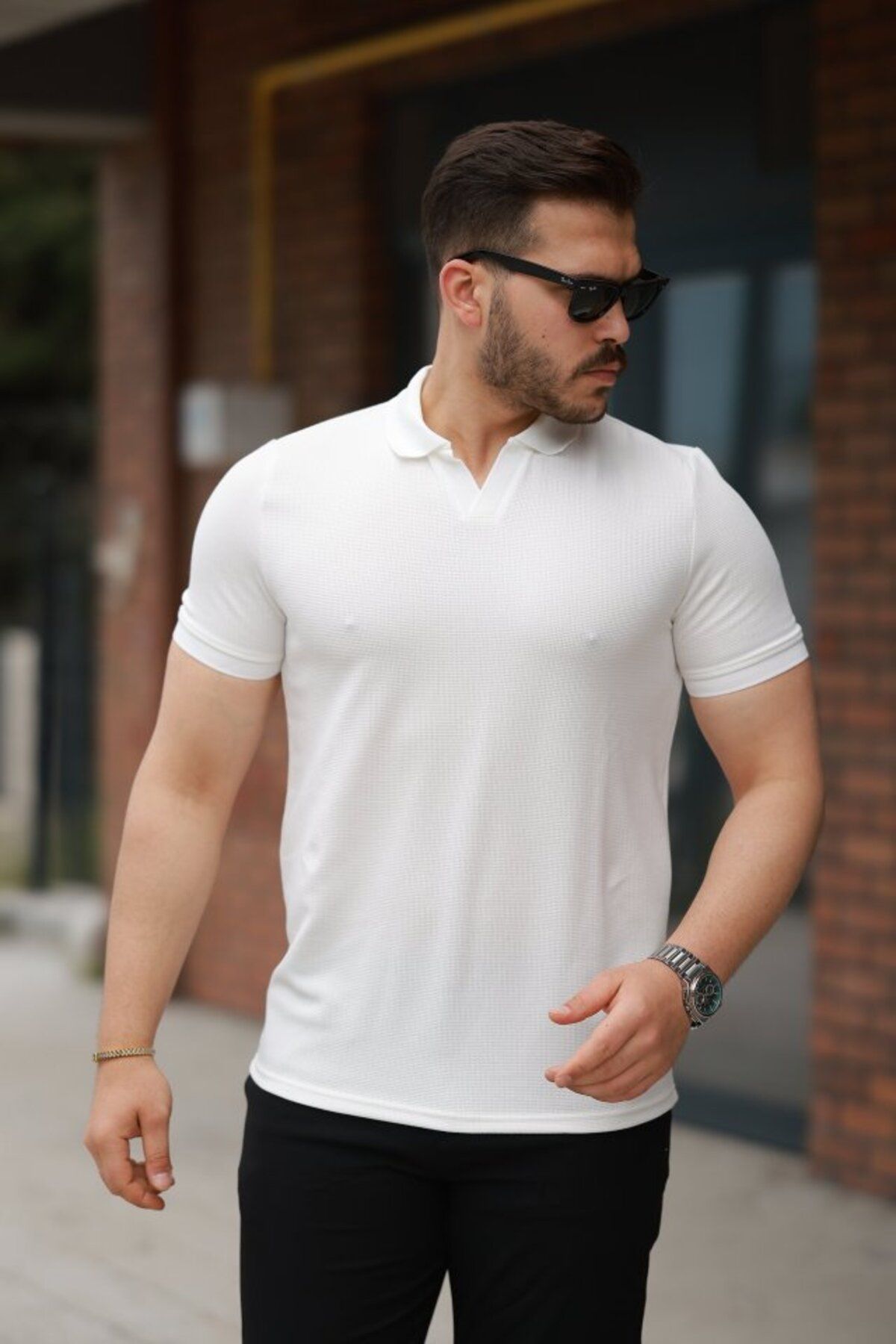 Gökyüzü Moda Erkek Yakalı Waffle Dokulu Kısa Kollu Tişört