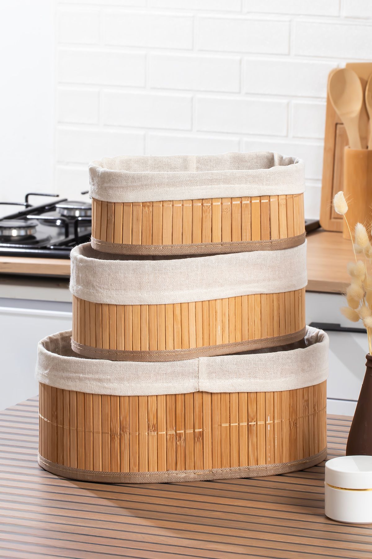 Porsima 2082 Oval 3lü Pinterest Sepet Bambu Sepet seti Dekoratif Banyo Mutfak Düzenleyici Organizeri