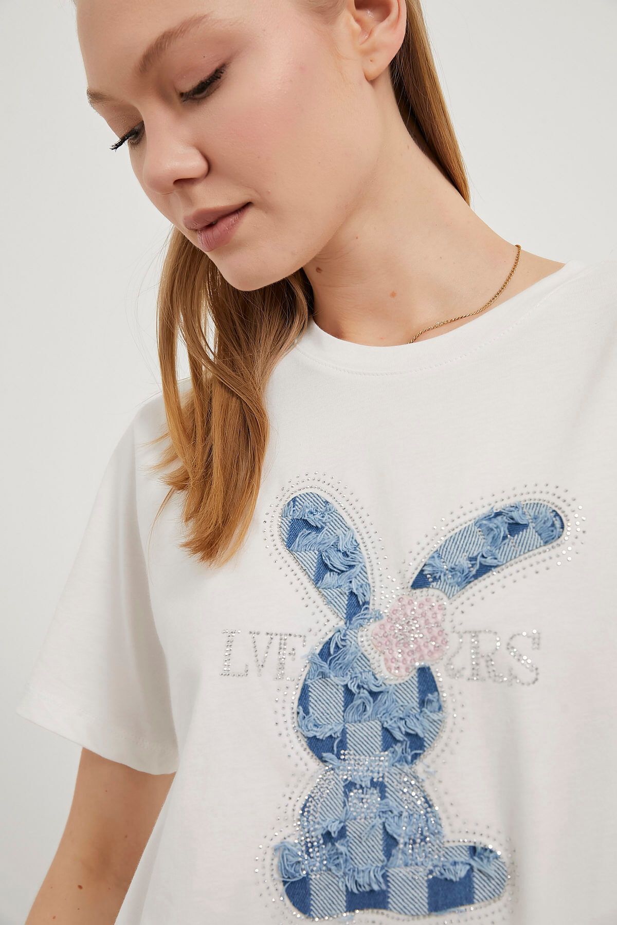 Arma Life ARMALIFE 4009 TAVŞAN DENİM TEMALI TAŞLI BİS YAKA KADIN T-SHIRT