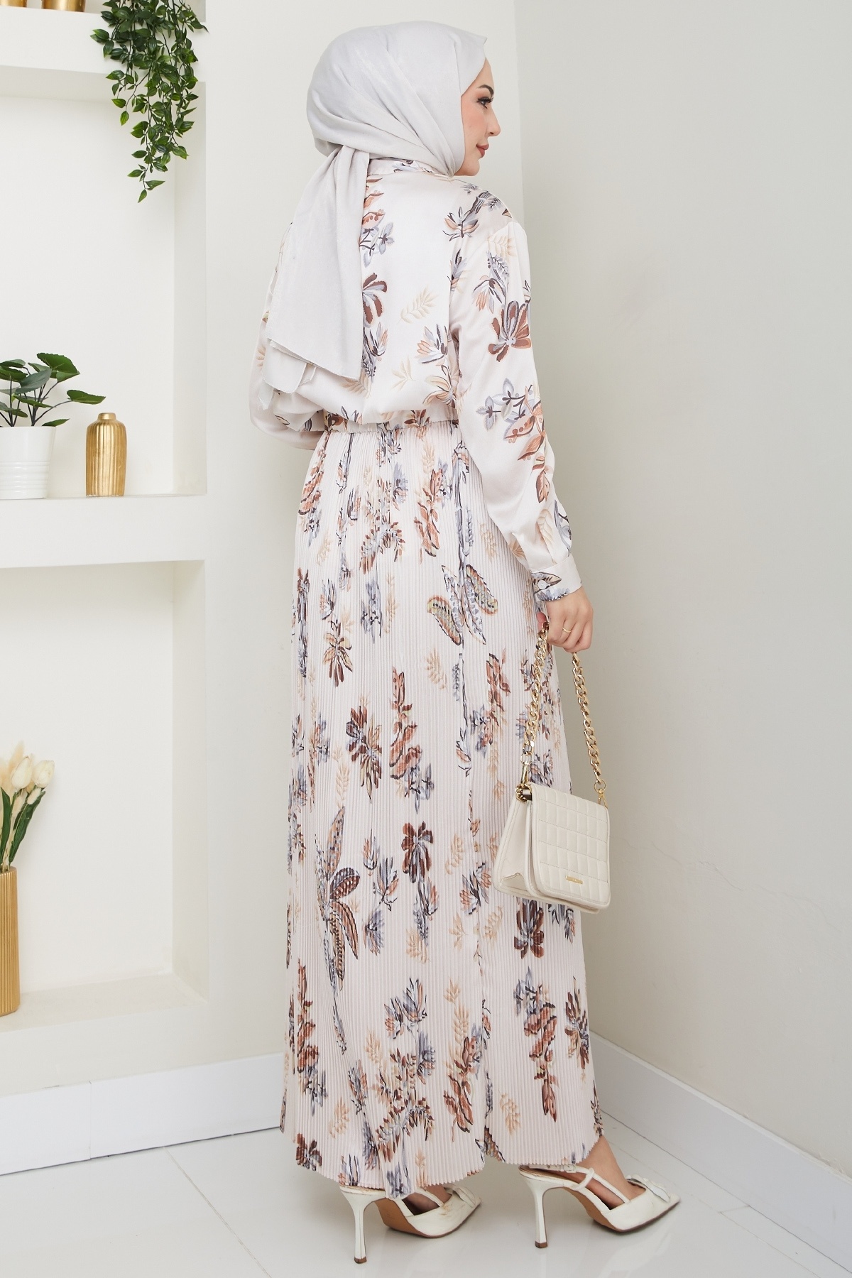 InStyle-Σατέν Floral Καφέ Πλισέ Φούστα 5
