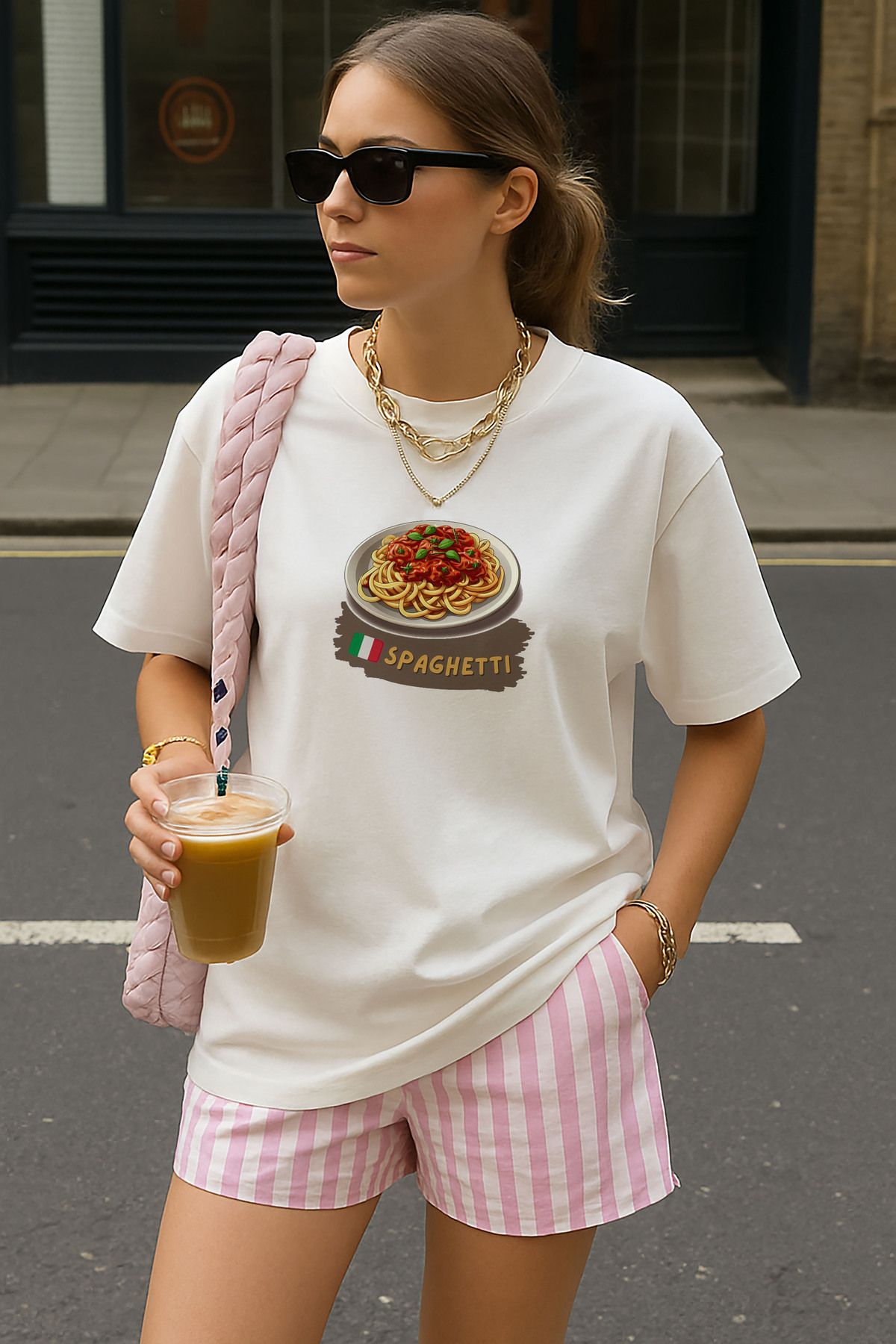 sielta Makarna Spagetti Baskılı Oversize Pamuklu Kadın Beyaz Tişört T-shirt