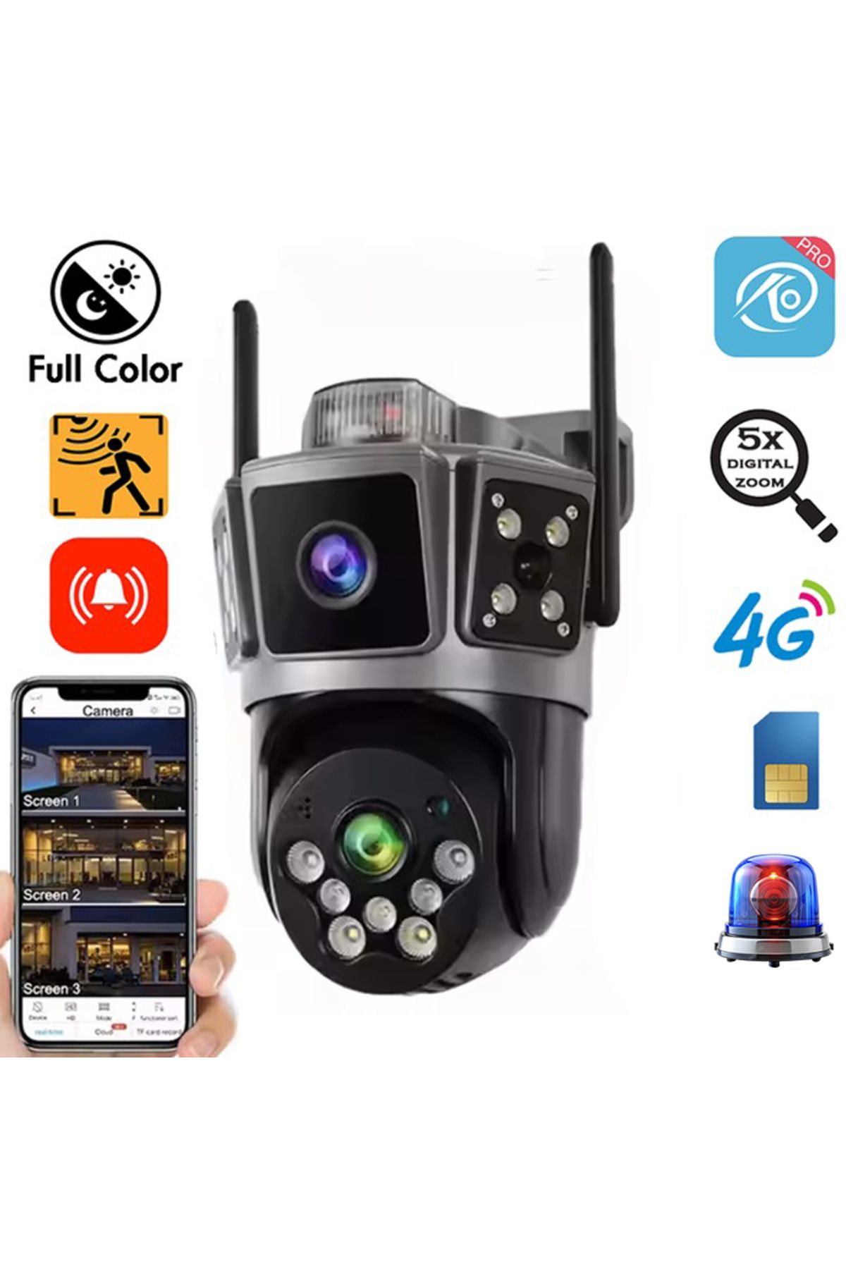Venas Çift Kameralı 6MP Full HD Hareket Takipli Polis çakarlı Alarmlı Wifi Güvenlik Kamerası