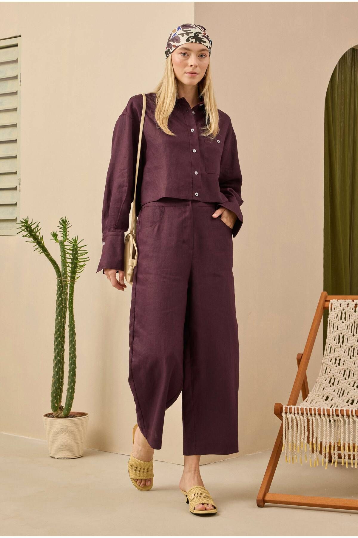HEQA Midi Keten Pantolon Bordo