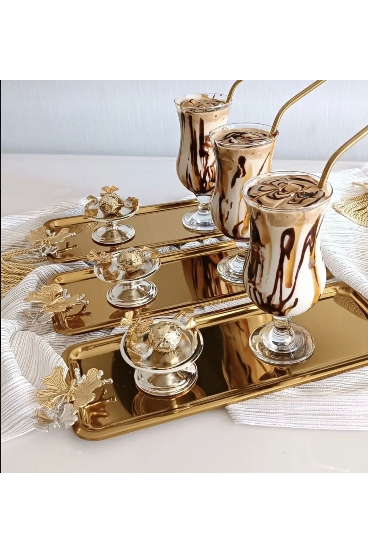 SEVA ÇELİK GOLD BATON TEPSİLİ 3 LÜ KELEBEKLİ GÜMÜŞ MAKARONLUK LÜX SUNUM