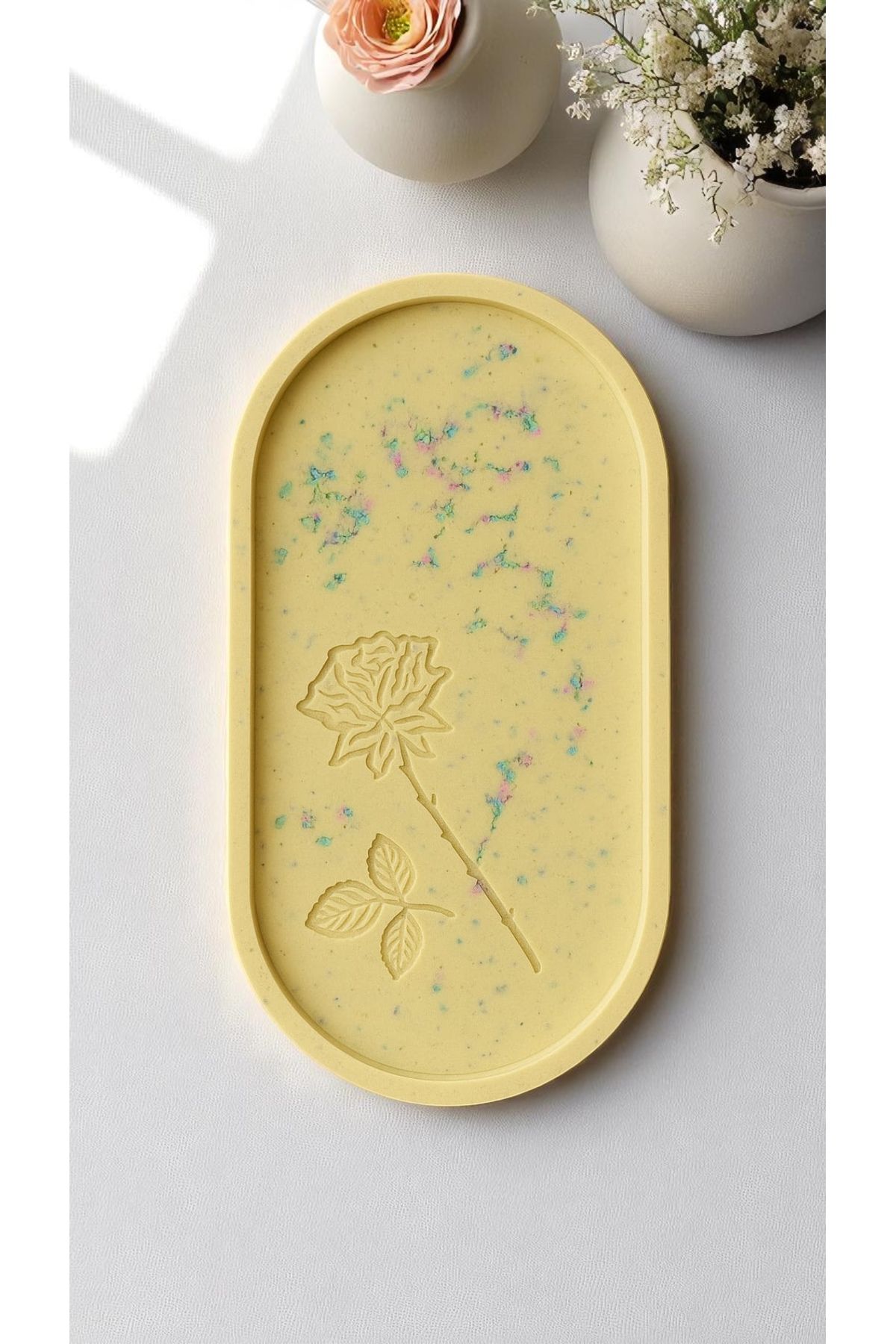 GİTTİGİTTİ Gül Çizimli El Yapımı Dekoratif Tabak – Özel Tasarım (23 x 13 cm) Sarı