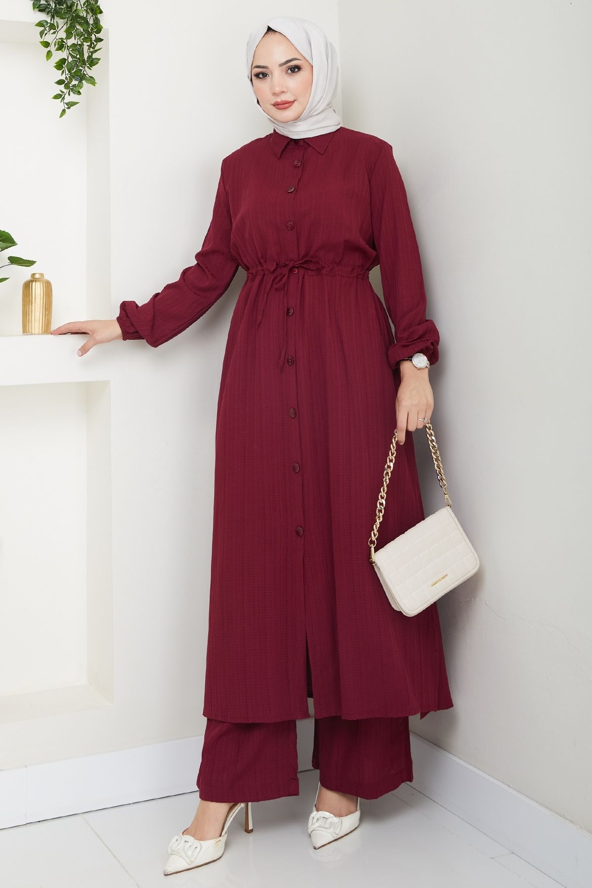 InStyle Uzun Tunikli Pantolonlu Kaş Bordo Takım