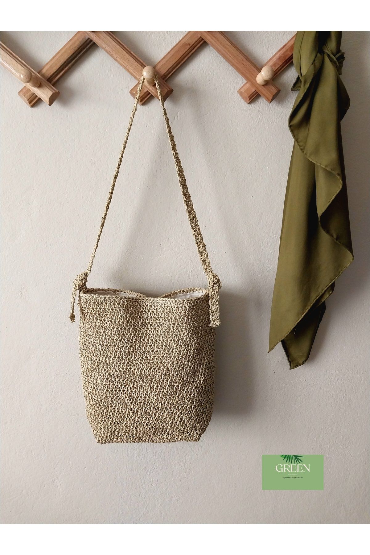 Green Bağlama askılı el örgüsü hasır omuz çantası astarlı shopper model hediyelik yazlık