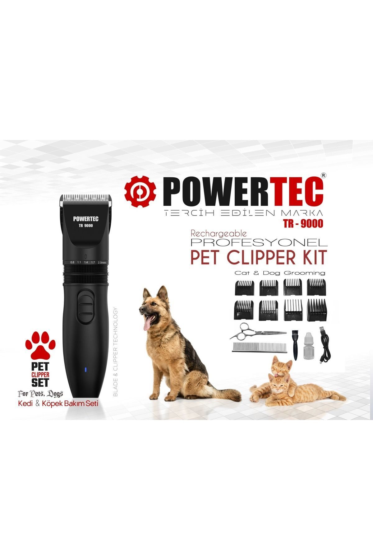 teknotrust TR-9000 Kedi Köpek Tıraş Makinesi Seti Pet Evcil Hayvan Tüy Kesme (Makas ve Metal Tarak Hediyeli)
