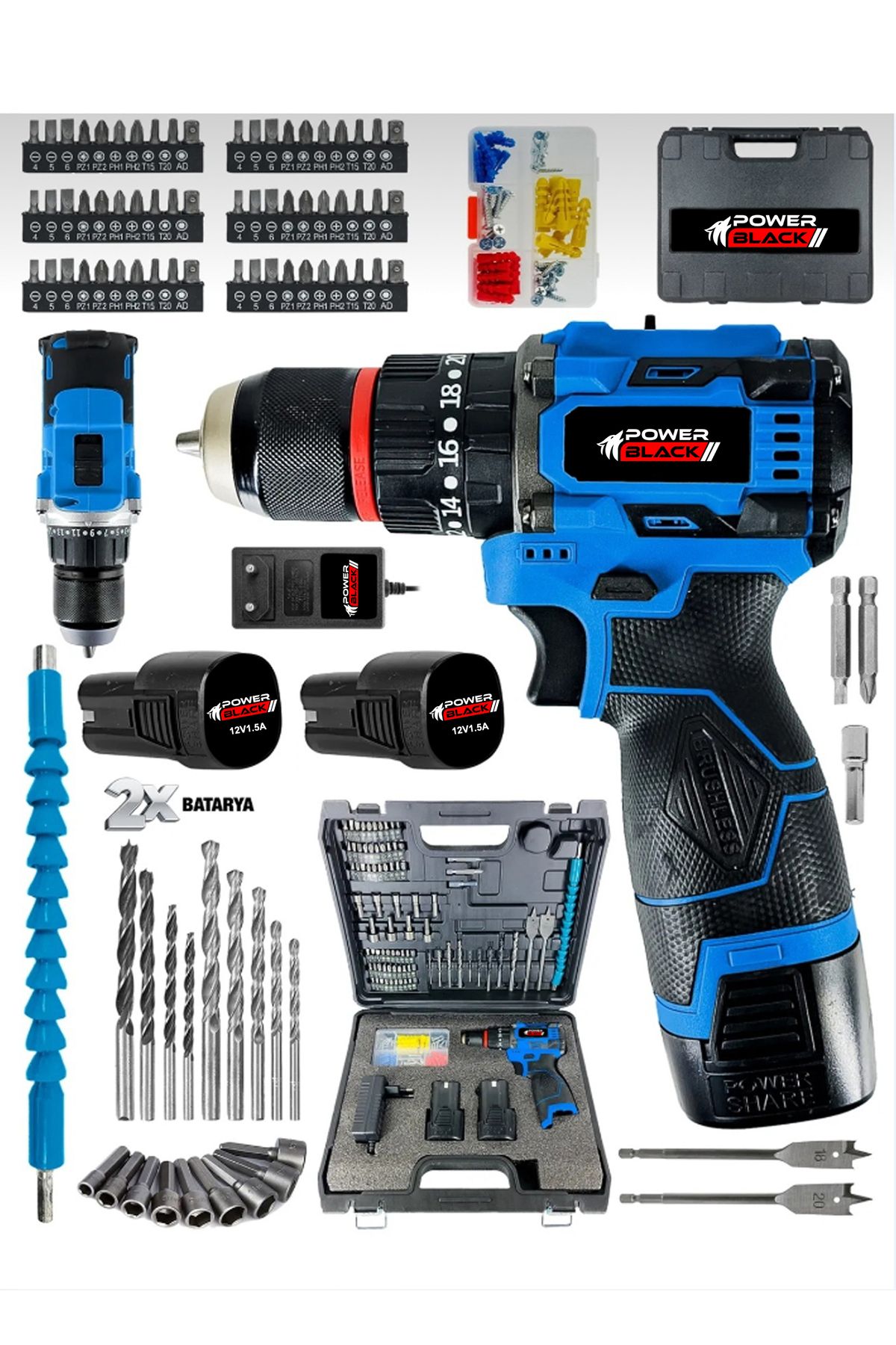 POWER BLACK 100 PARÇALI HEDİYELİ PROFESYONEL ÇELİK MANDREL 2 BATARYALI 1 ŞARJ CİHAZLI