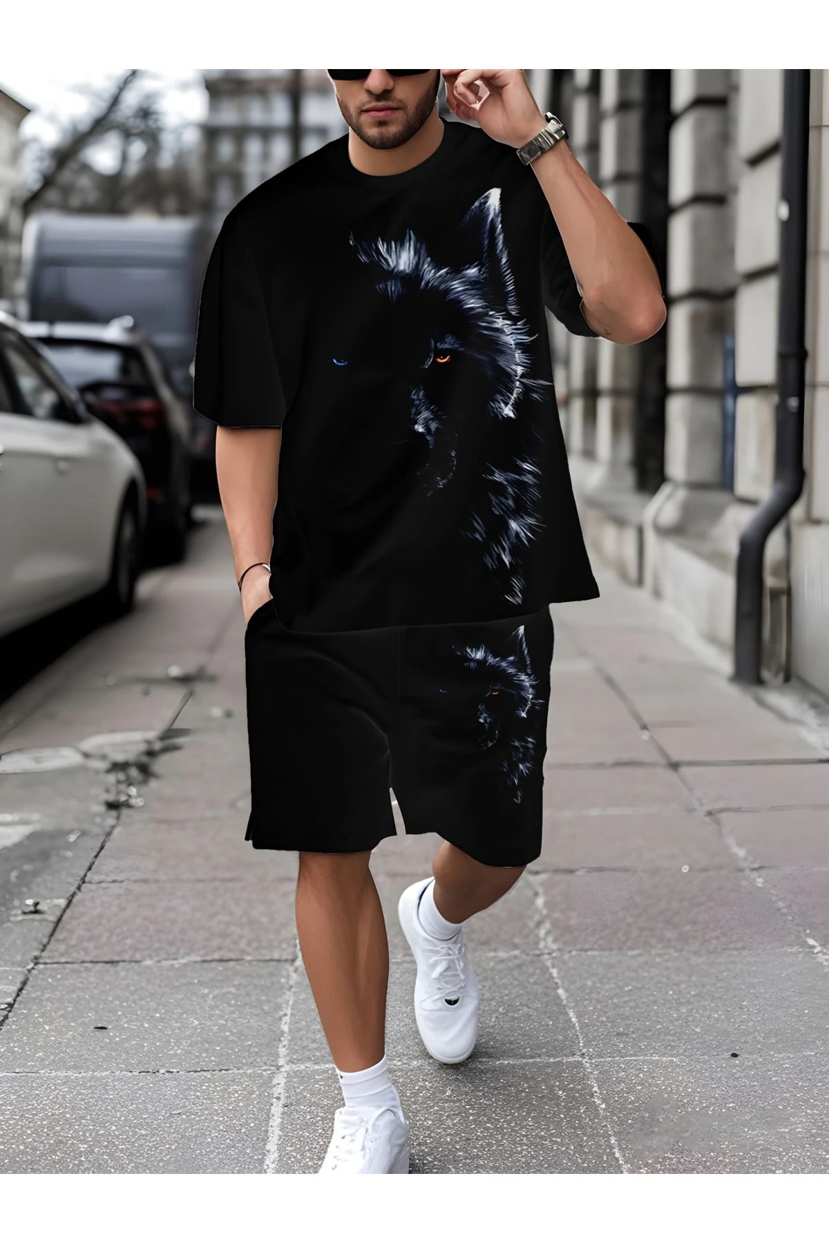 aynewmoda Erkek 3D Tilki Baskılı Günlük Tişört ve Şort, Örme Polyester Kumaş