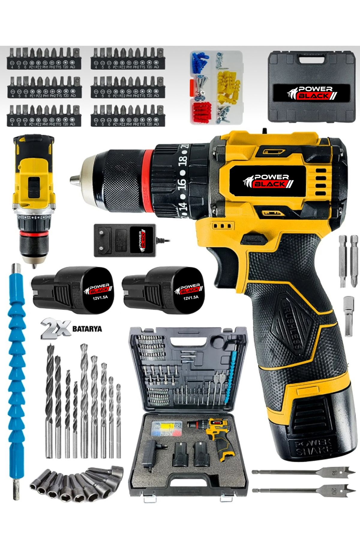 POWER BLACK 100 PARÇALI HEDİYELİ PROFESYONEL ÇELİK MANDREL 2 BATARYALI 1 ŞARJ CİHAZLI